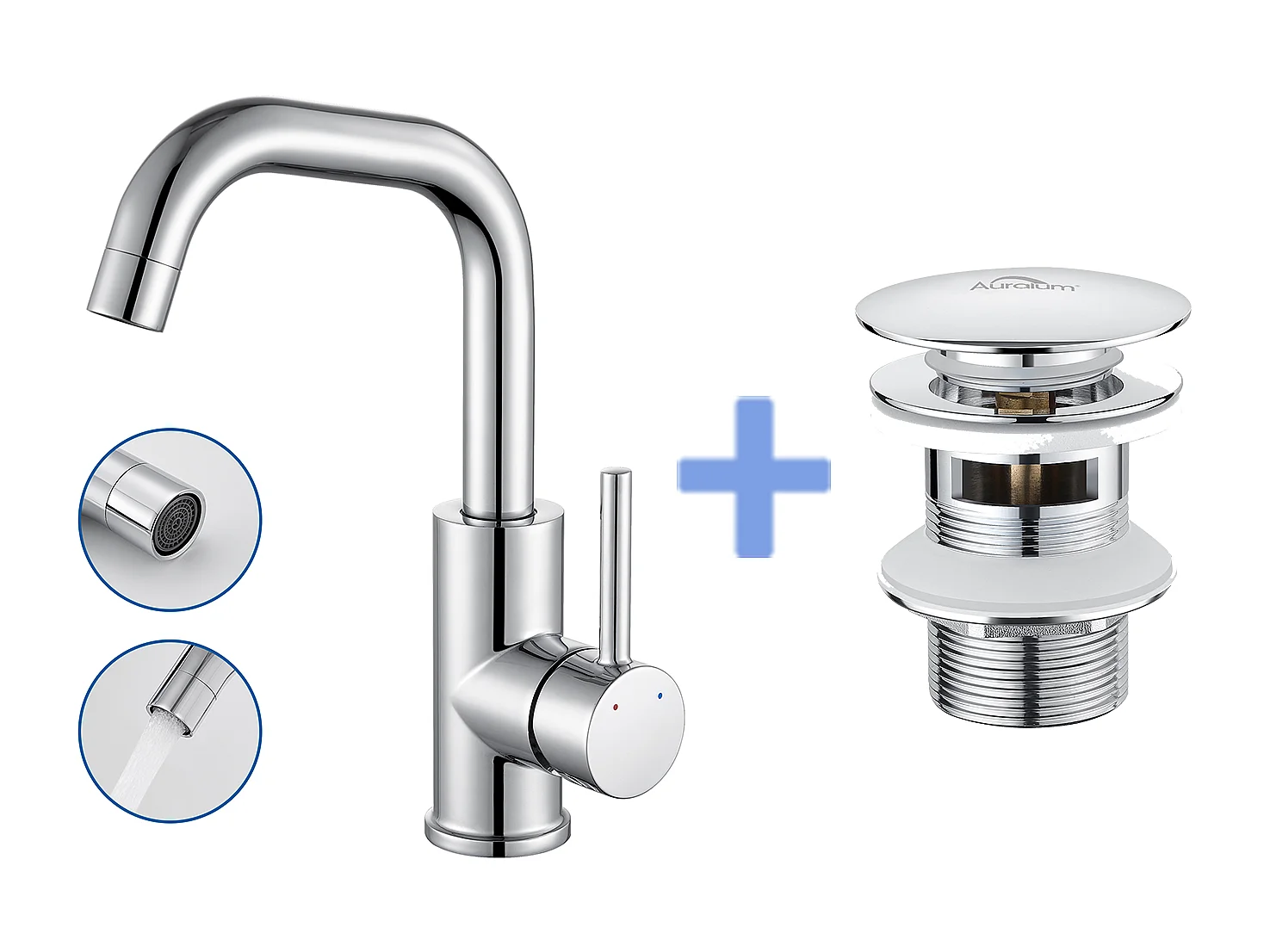 Mitigeur Lavabo,Robinet LavaboPivotant 360°,avec Aérateur Démotable,Chromé+Bonde Lavabo Bonde Pop-up avec Trop-plein Automatique Universelle