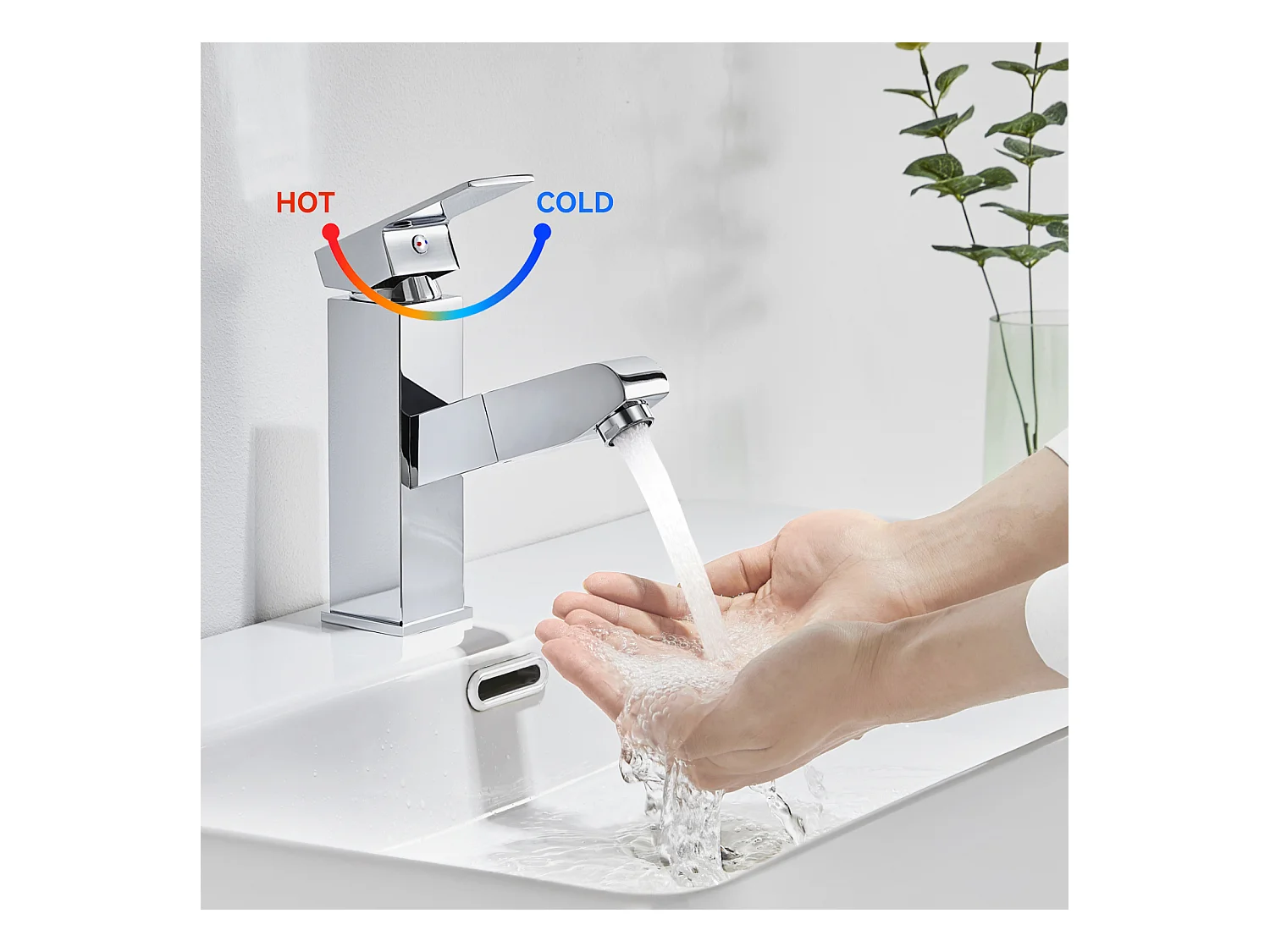 Grifo de Lavabo de Latón con Ducha Extraíble, Mezclador de Baño con 2 Modos, Aireador Desmontable, Cartucho de Cerámica, Cromado