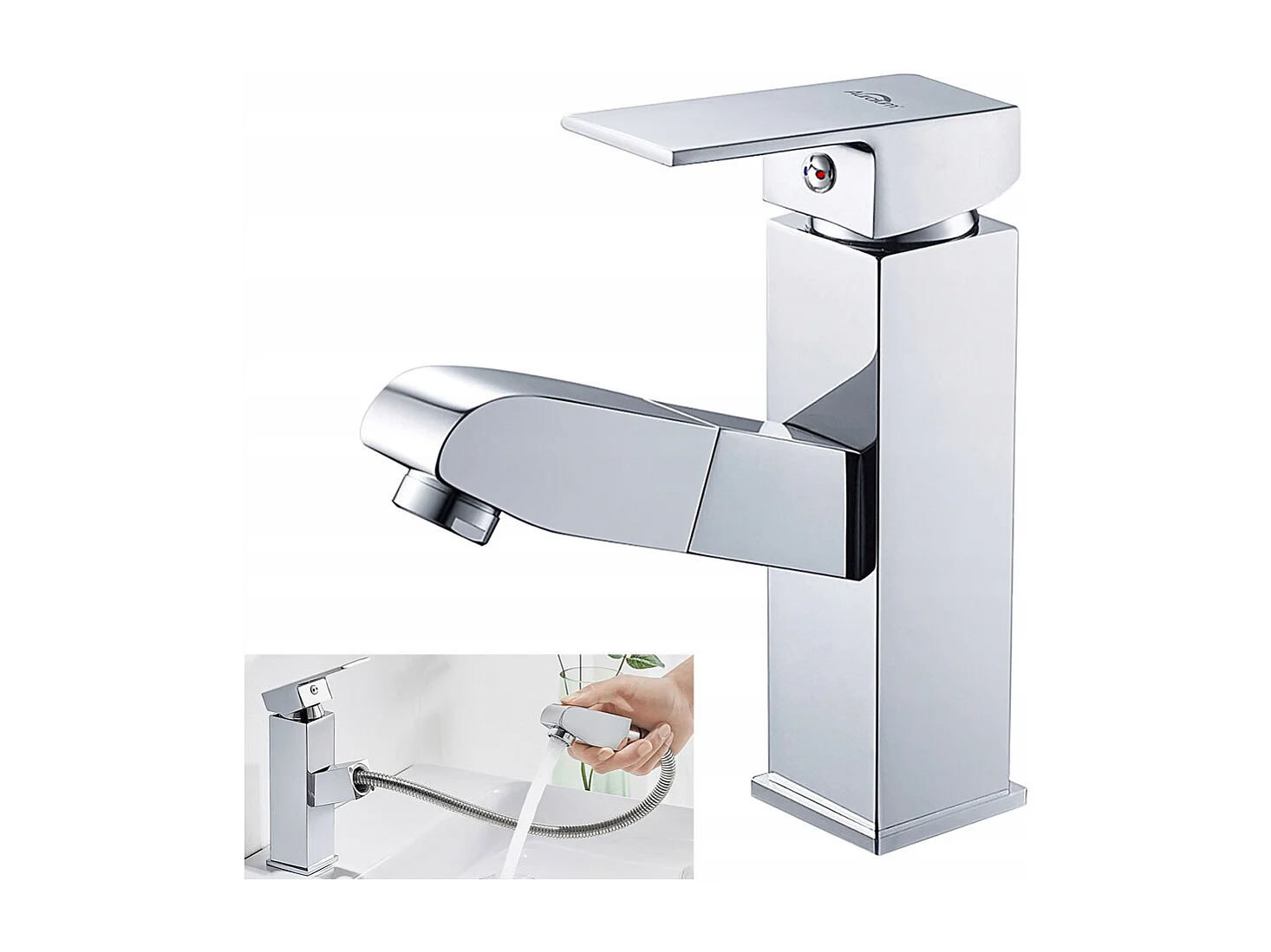 Grifo de Lavabo de Latón con Ducha Extraíble, Mezclador de Baño con 2 Modos, Aireador Desmontable, Cartucho de Cerámica, Cromado