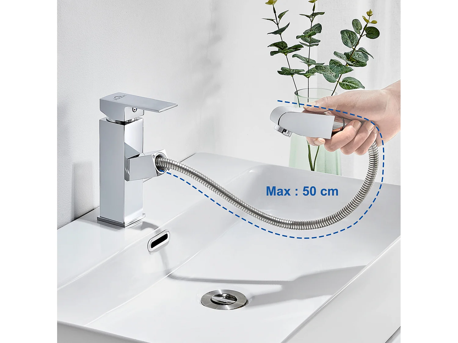 Grifo de Lavabo de Latón con Ducha Extraíble, Mezclador de Baño con 2 Modos, Aireador Desmontable, Cartucho de Cerámica, Cromado