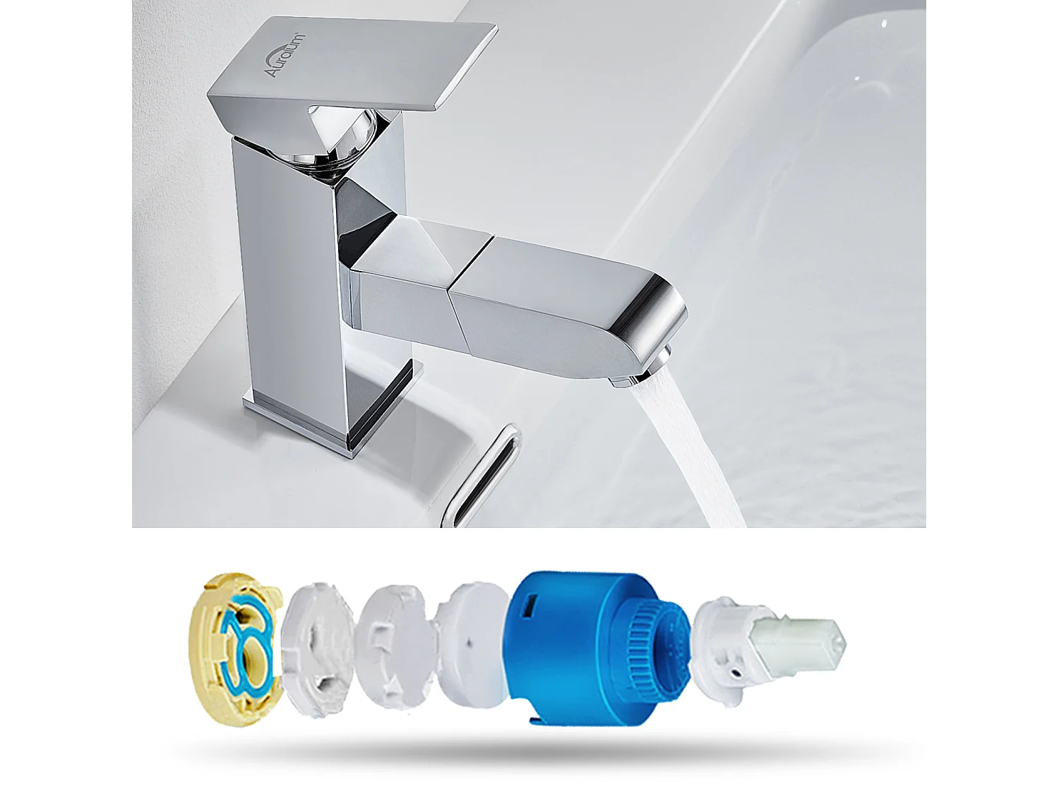 Grifo de Lavabo de Latón con Ducha Extraíble, Mezclador de Baño con 2 Modos, Aireador Desmontable, Cartucho de Cerámica, Cromado