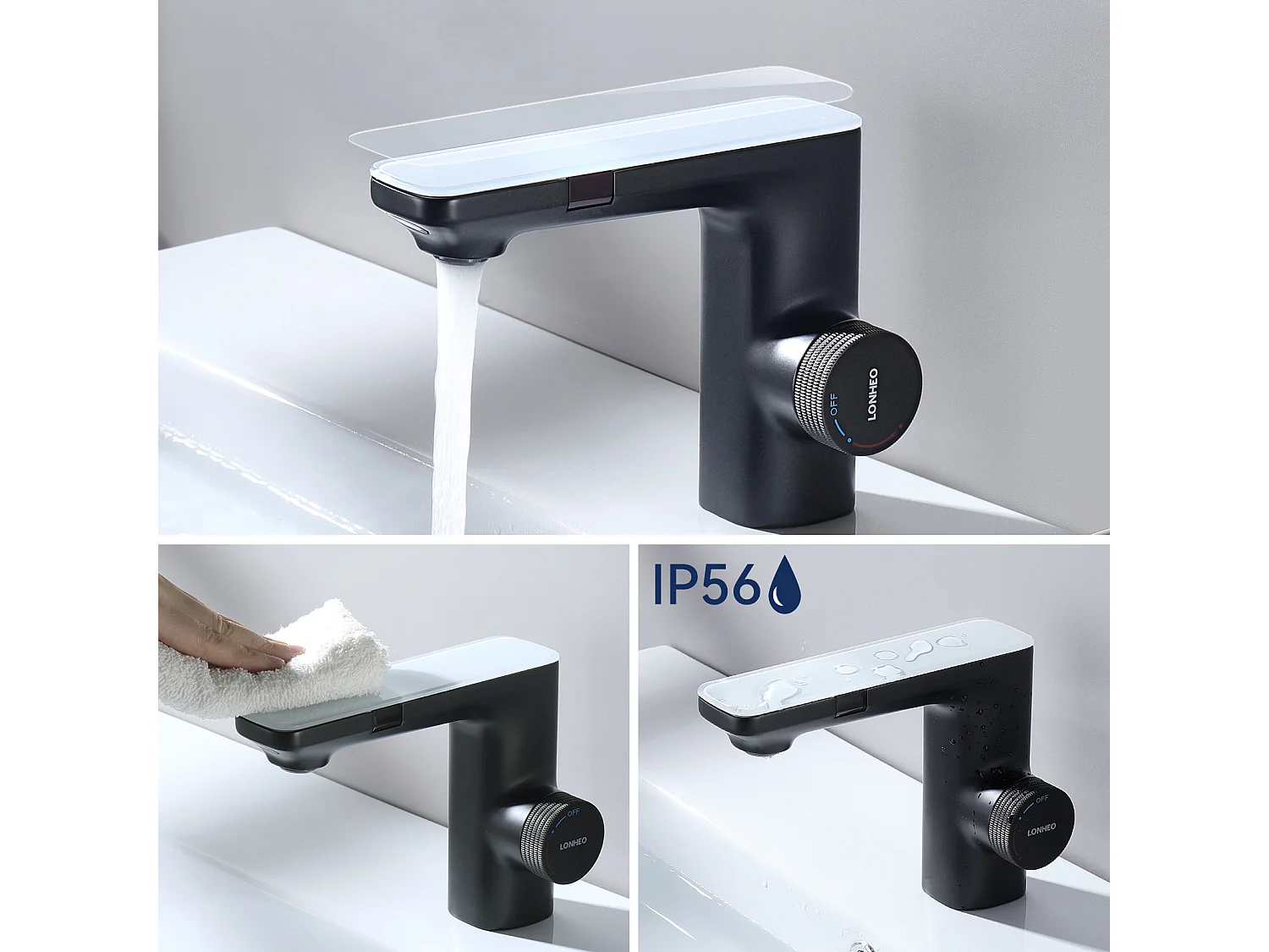 Lonheo max Mitigeur Lavabo Capteur Infrarouge Intelligent Automatique,Noir Laiton Eau+Porte Serviette Salle Bain Adhésif/Perçage,en Inox,Noir,40 CM