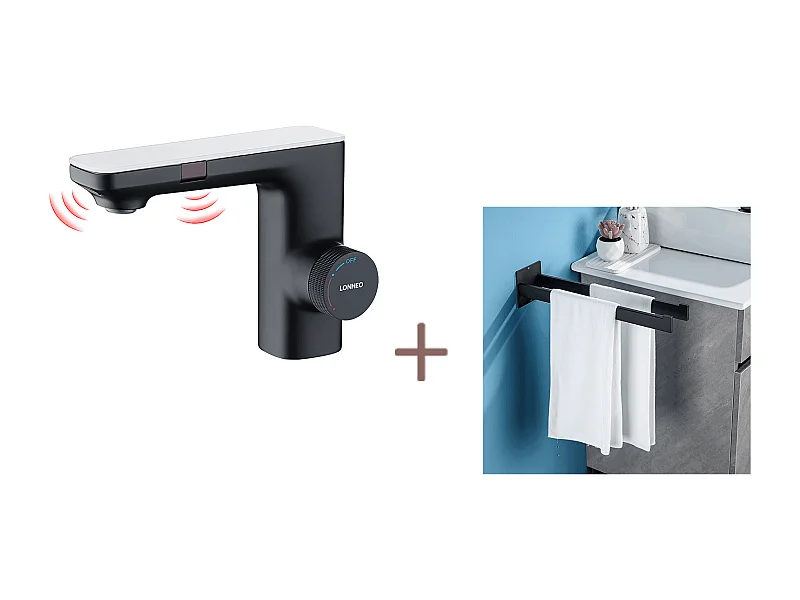 Lonheo max Mitigeur Lavabo Capteur Infrarouge Intelligent Automatique,Noir Laiton Eau+Porte Serviette Salle Bain Adhésif/Perçage,en Inox,Noir,40 CM