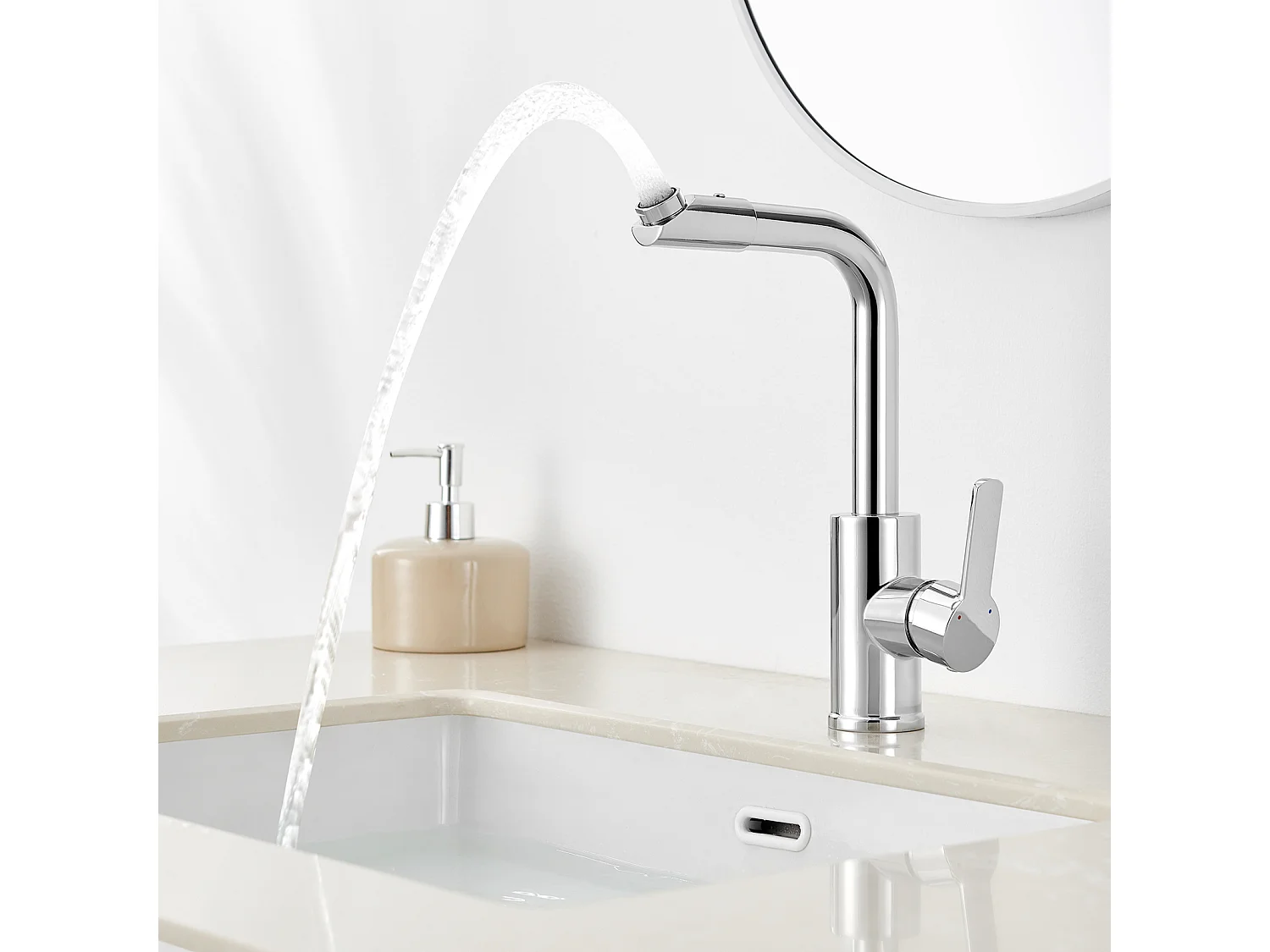 Auralum MAX Grifo de Lavabo con Boca Giratoria,Mezclador Lavabo Rotación de 360 Grados,Cromado+Puerta Cepillo Inodoro Acero Inoxidable Cepillo WC