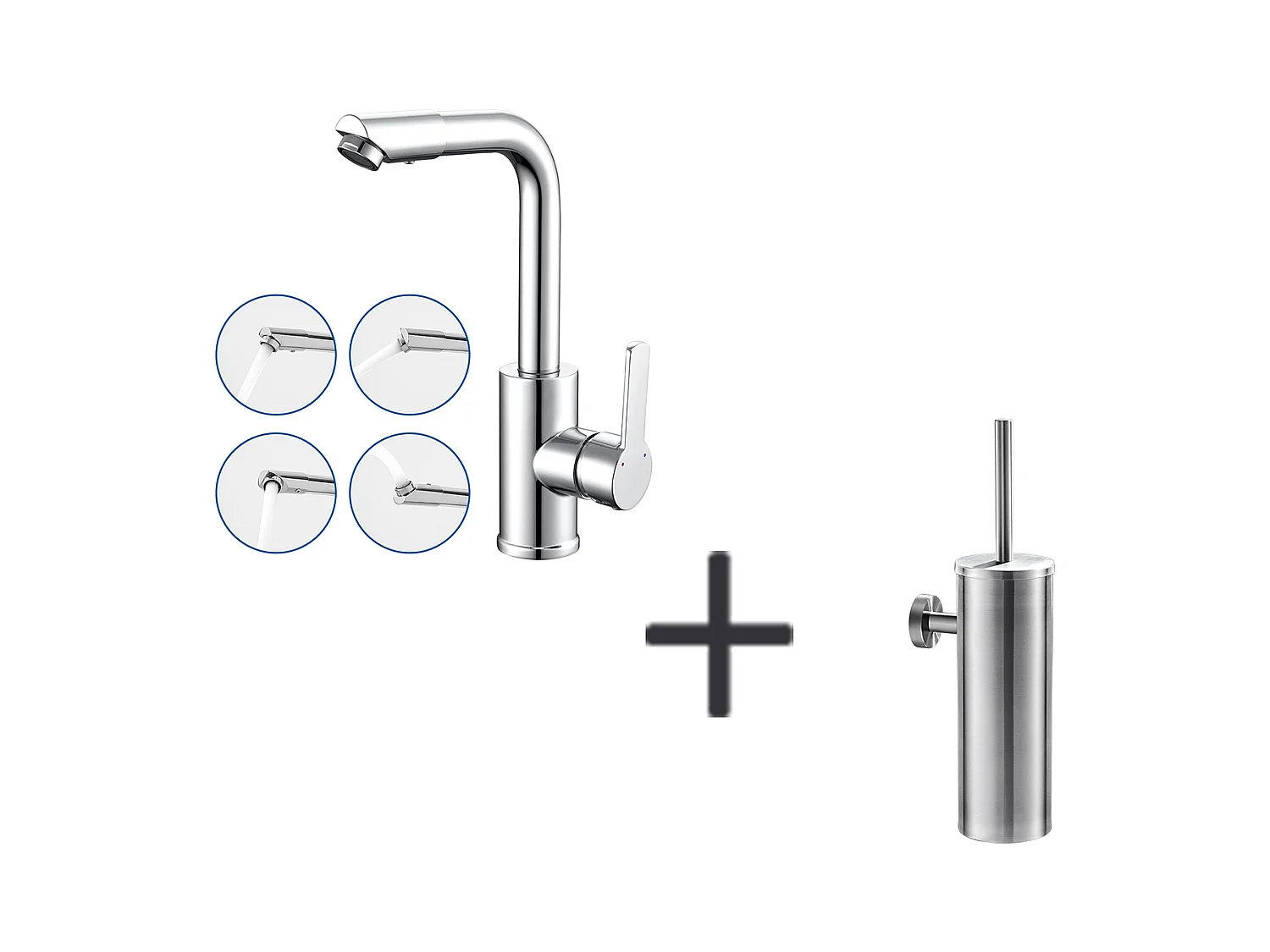 Auralum MAX Robinet de Lavabo avec Bec Pivotant,Mitigeur Lavabo Rotation à 360 Degrés,Chromé+Porte Brosse Toilette Acier Inoxydable Brosse WC Mural