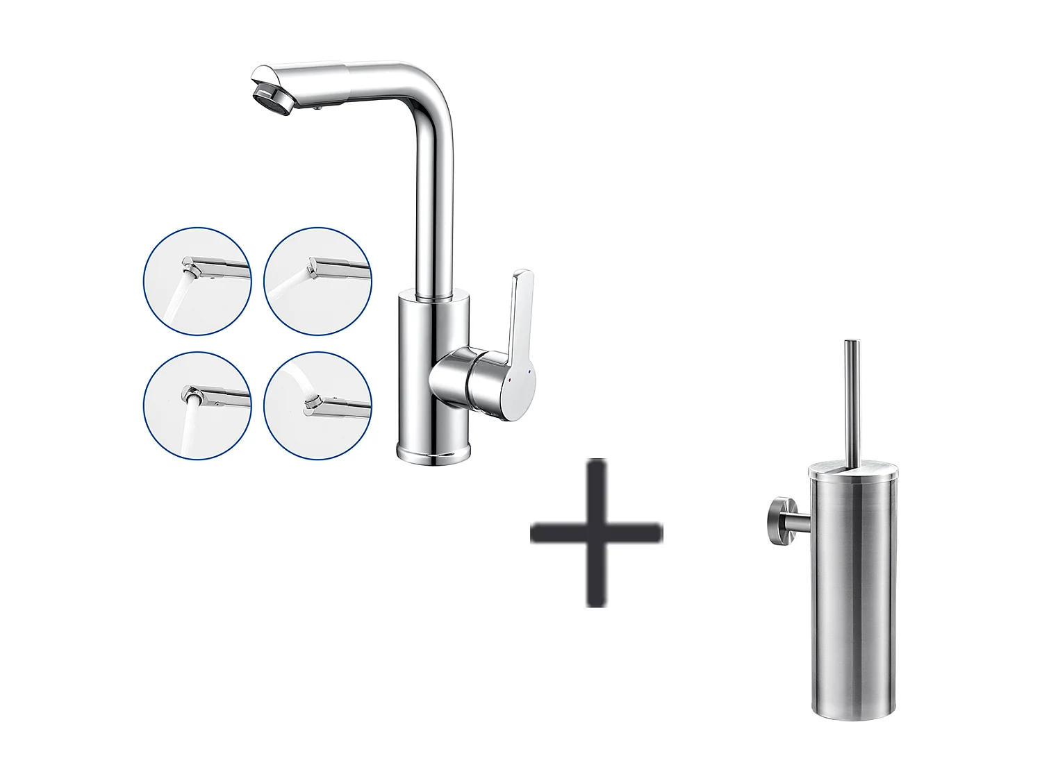 Auralum MAX Robinet de Lavabo avec Bec Pivotant,Mitigeur Lavabo Rotation à 360 Degrés,Chromé+Porte Brosse Toilette Acier Inoxydable Brosse WC Mural