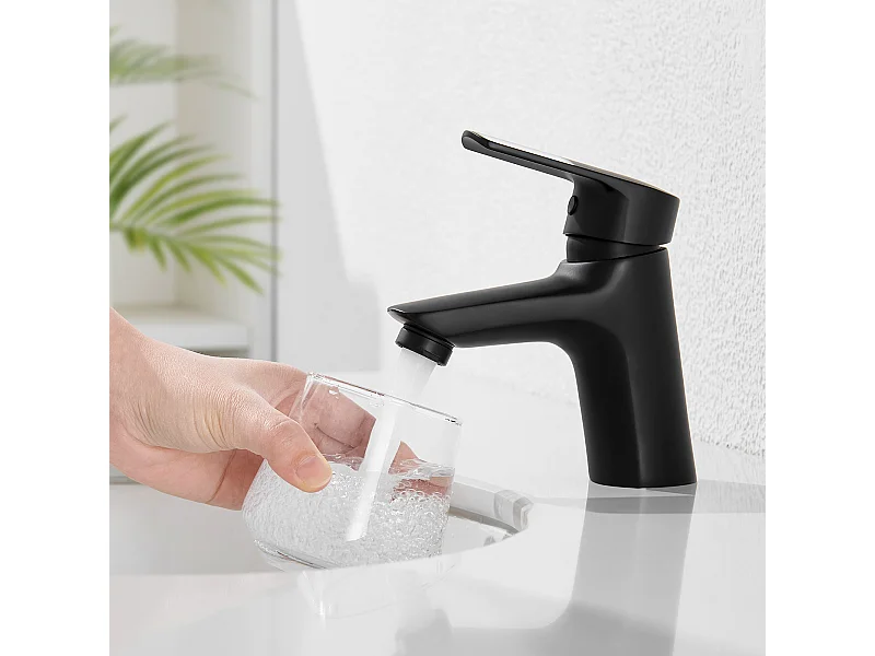 Badezimmer-Wasserhahn, wassersparender Belüfter, mit Ablaufloch, für kaltes/warmes Wasser, einfache Installation/Reinigung, Größe S, schwarz