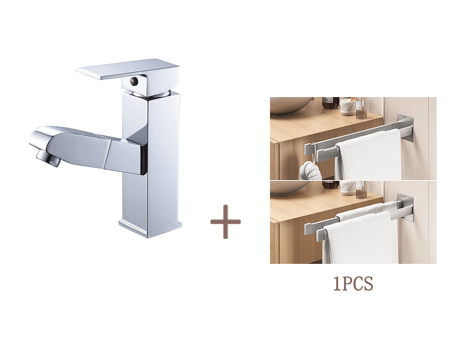 Robinet Lavabo avec Douchette Extractible,Chromé,Eau Froide/Chaude+Porte Serviette Salle Bain Adhésif/Perçage,Barres Porte Serviettes Mural,Brossé