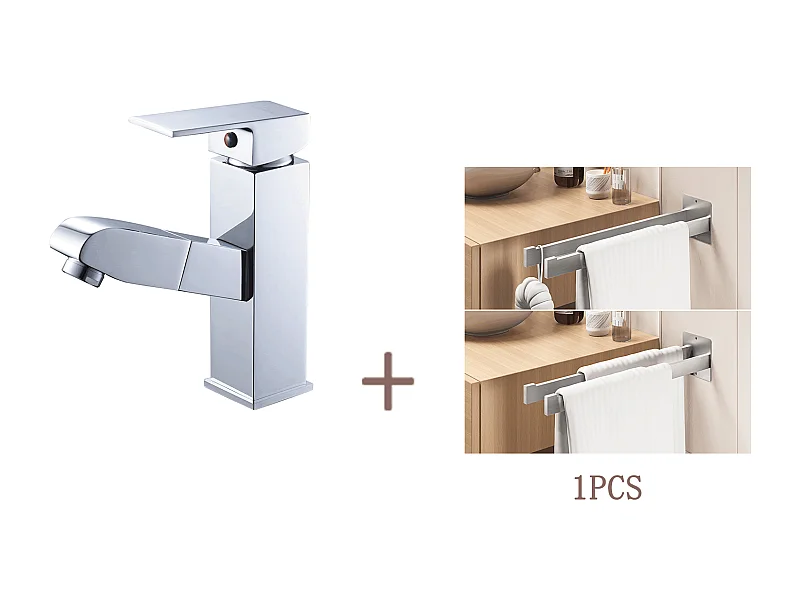 Robinet Lavabo avec Douchette Extractible,Chromé,Eau Froide/Chaude+Porte Serviette Salle Bain Adhésif/Perçage,Barres Porte Serviettes Mural,Brossé
