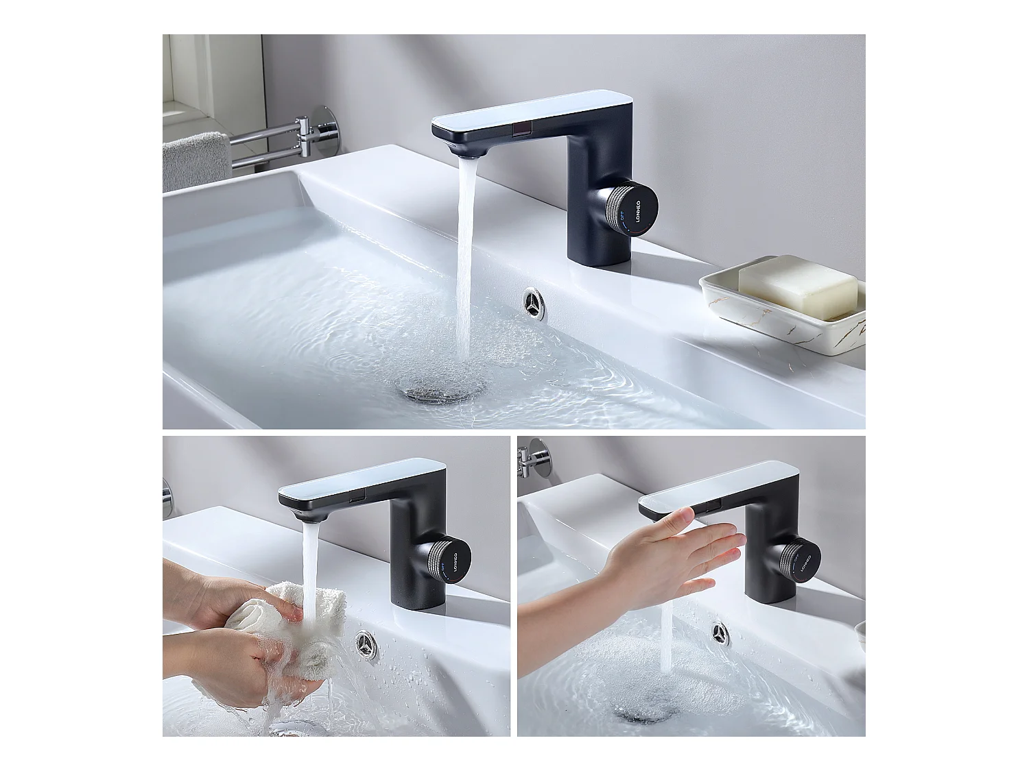 2pcs Mezclador Lavabo Sensor Infrarrojo Inteligente Automático, Mezclador Infrarrojo Electrónico Negro de Latón