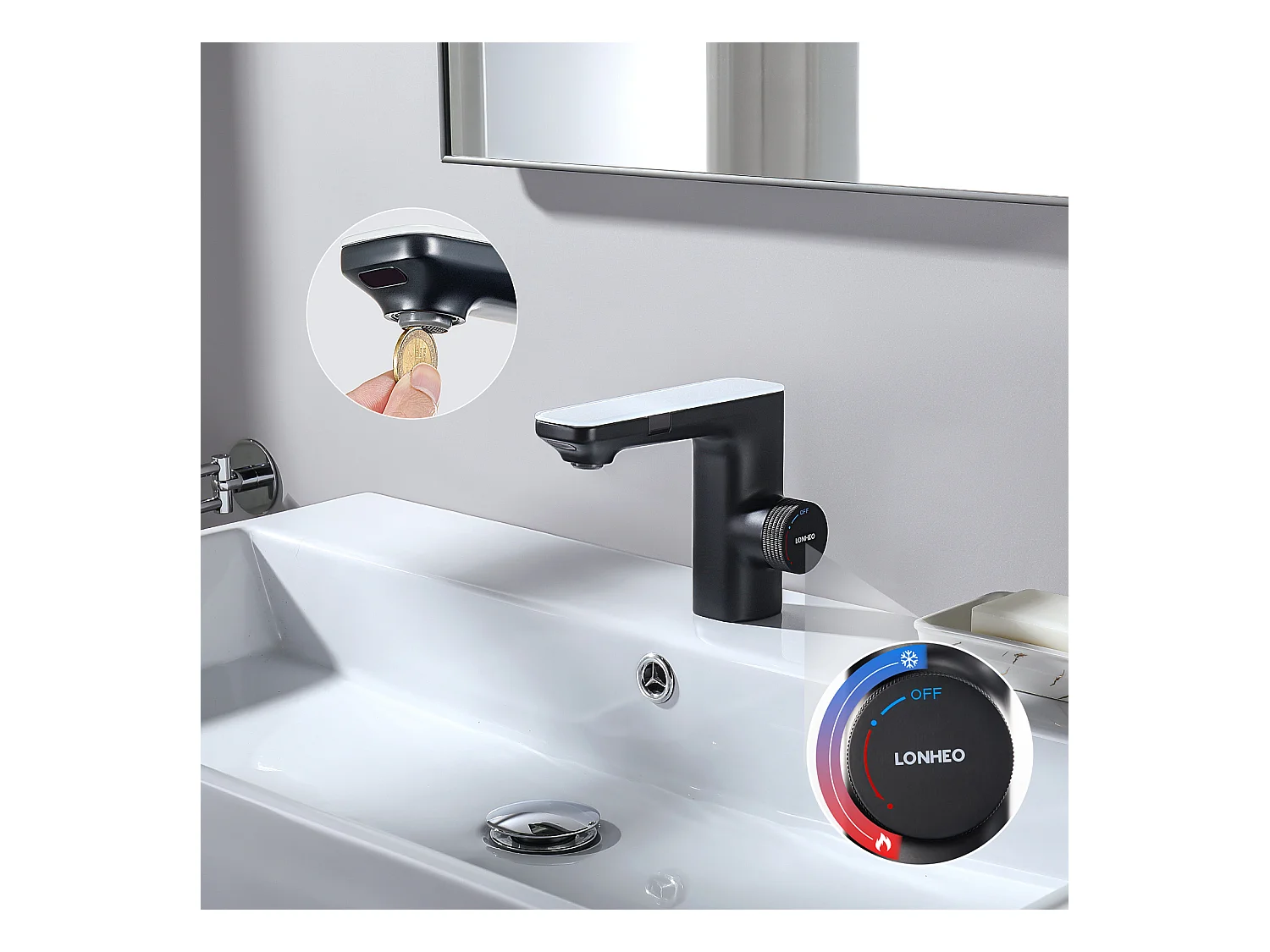 2pcs Mezclador Lavabo Sensor Infrarrojo Inteligente Automático, Mezclador Infrarrojo Electrónico Negro de Latón