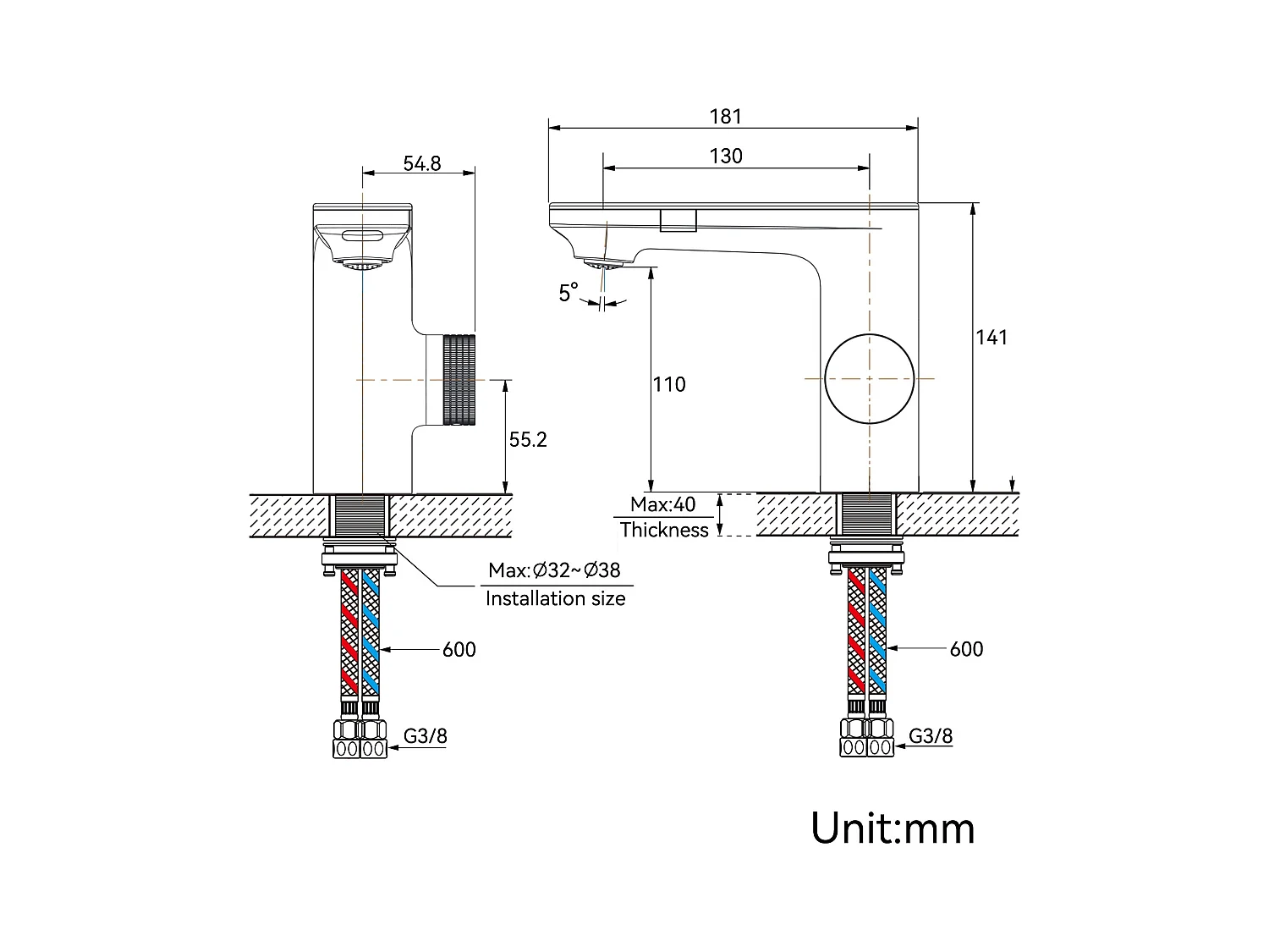 2pcs Mezclador Lavabo Sensor Infrarrojo Inteligente Automático, Mezclador Infrarrojo Electrónico Negro de Latón