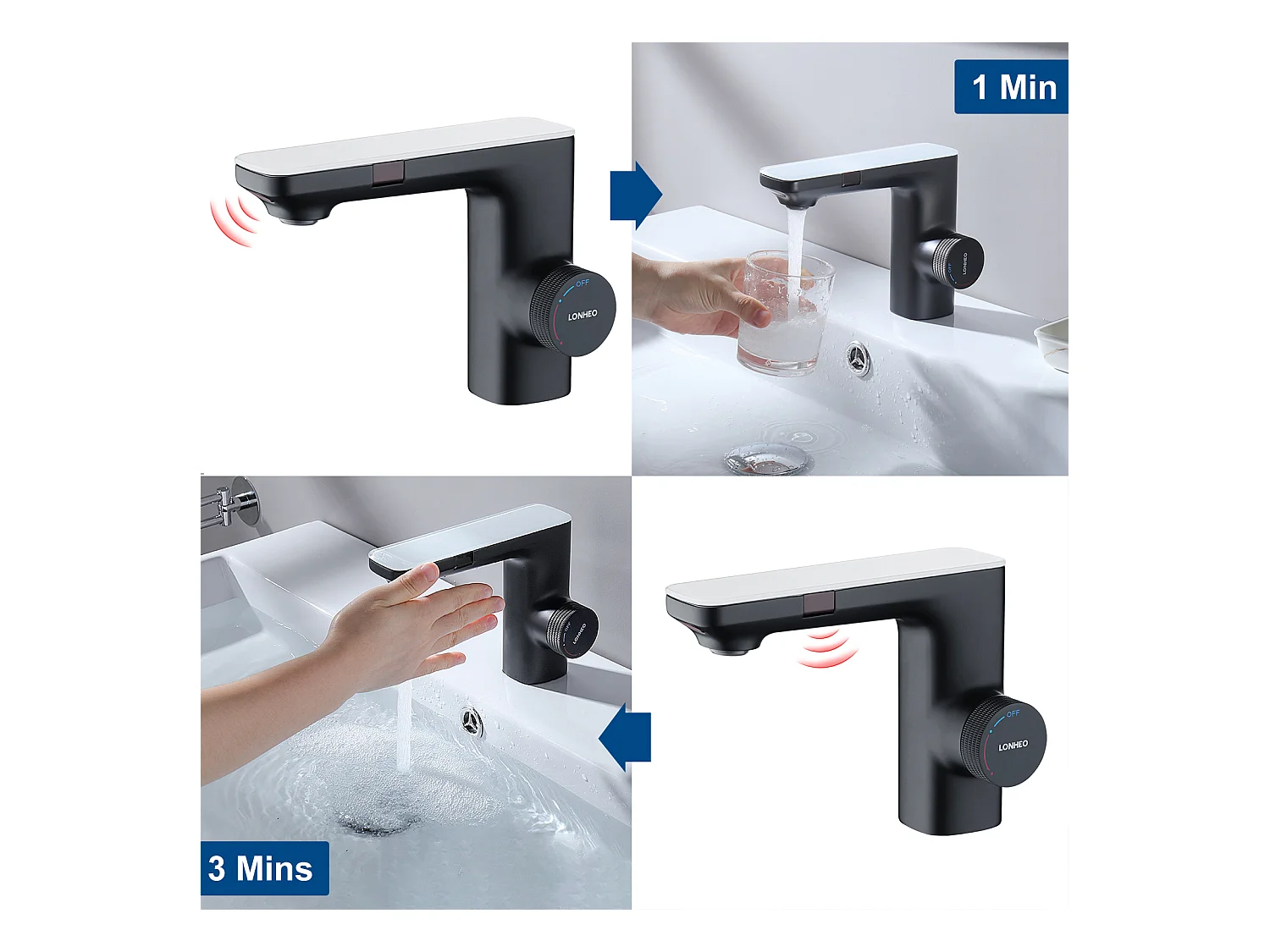 2pcs Mezclador Lavabo Sensor Infrarrojo Inteligente Automático, Mezclador Infrarrojo Electrónico Negro de Latón