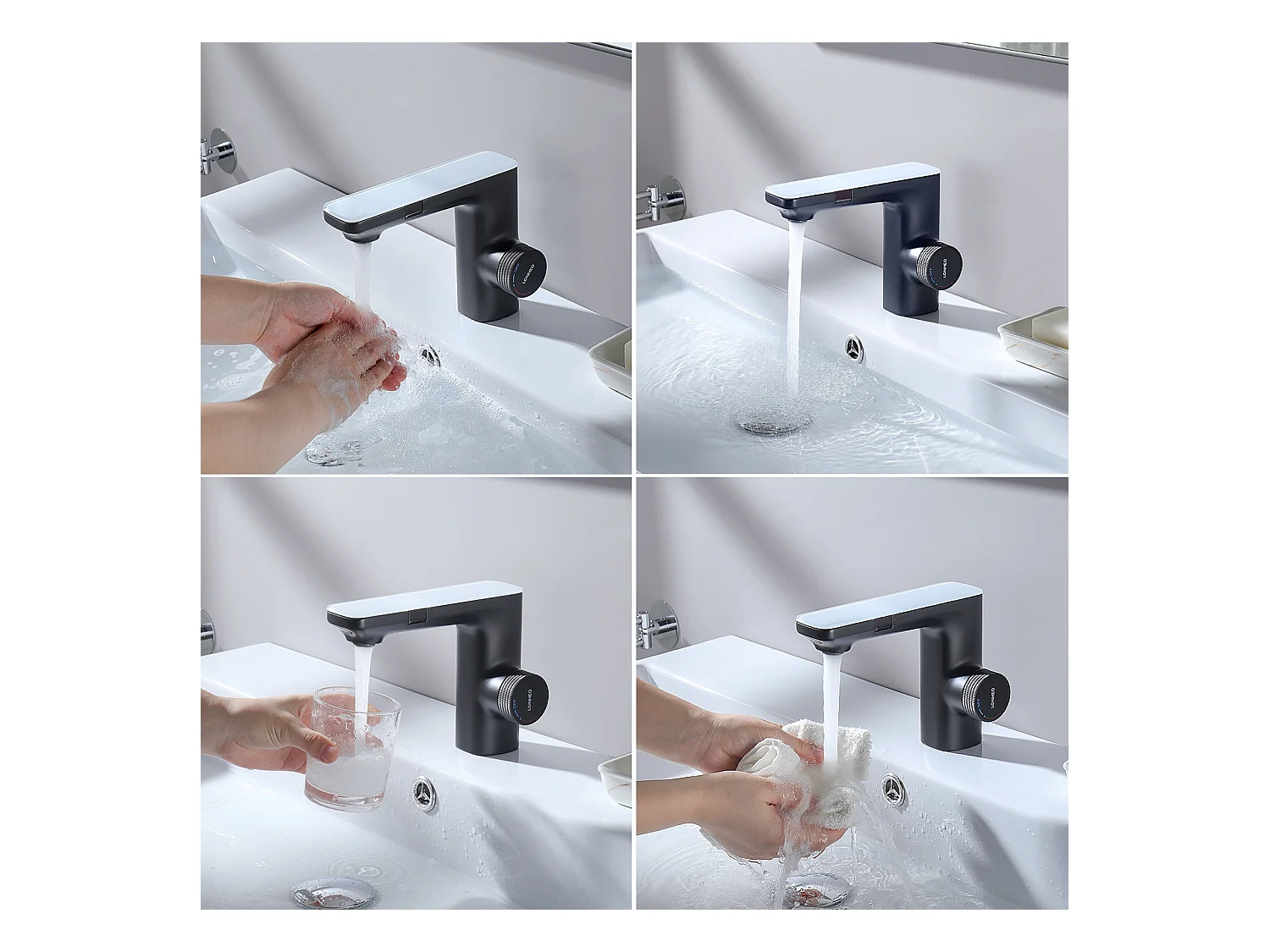 2pcs Mezclador Lavabo Sensor Infrarrojo Inteligente Automático, Mezclador Infrarrojo Electrónico Negro de Latón