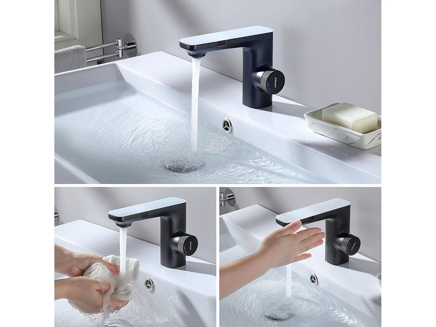 2 Stück Automatischer intelligenter Infrarot-Sensor-Waschtischmischer, schwarzer elektronischer Infrarot-Mischhahn aus Messing