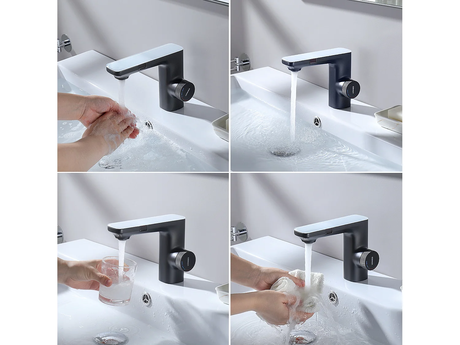 2 Stück Automatischer intelligenter Infrarot-Sensor-Waschtischmischer, schwarzer elektronischer Infrarot-Mischhahn aus Messing