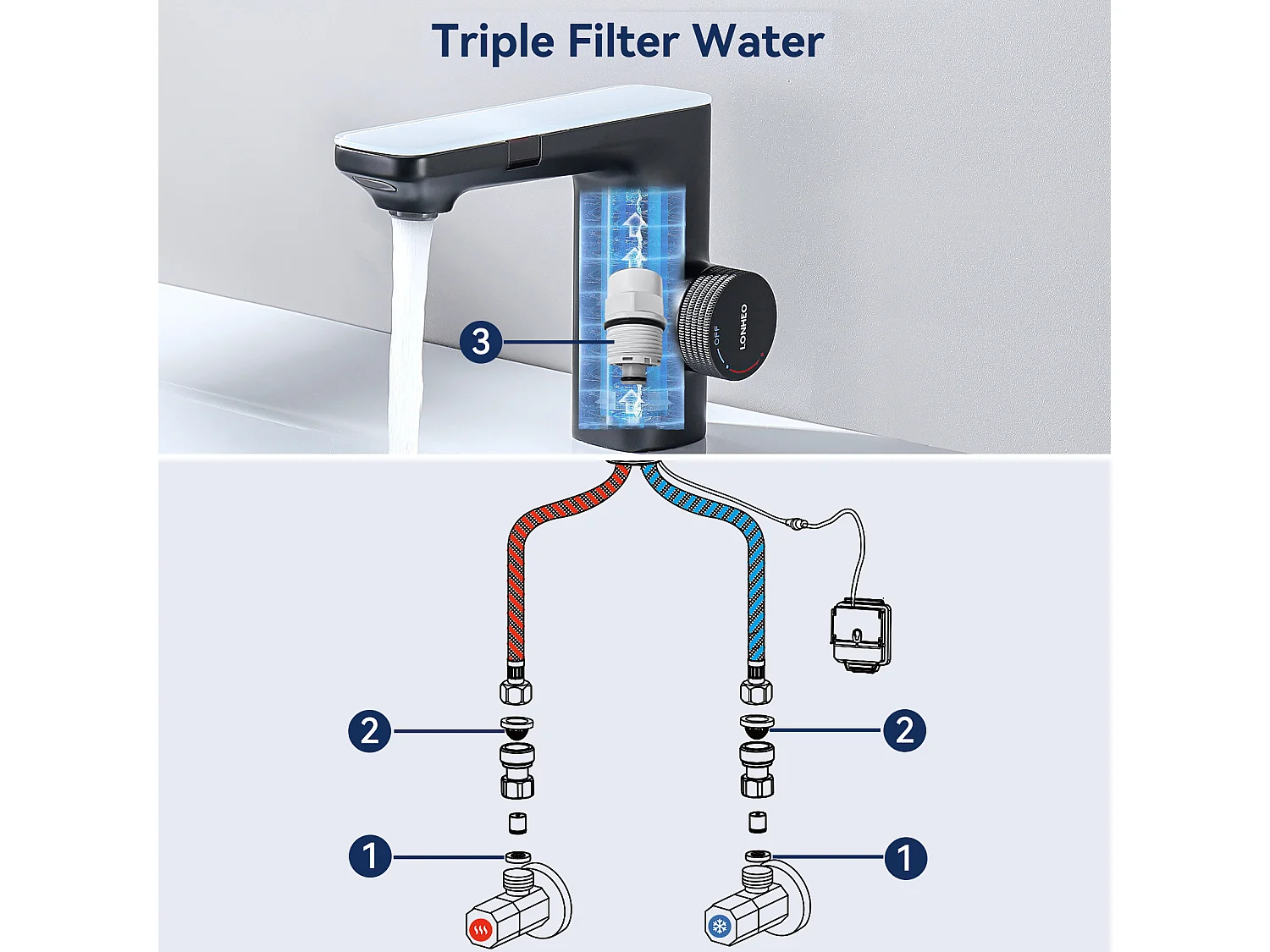 2 Stück Automatischer intelligenter Infrarot-Sensor-Waschtischmischer, schwarzer elektronischer Infrarot-Mischhahn aus Messing