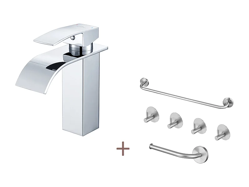Auralum max Chrom-Wasserfall-Waschtischarmatur, mit Kalt-/Warmwasser, 304 Edelstahl + 6-teiliges Badezimmer-Zubehör-Set, selbstklebend/bohrbar, Edelstahl, gebürstet