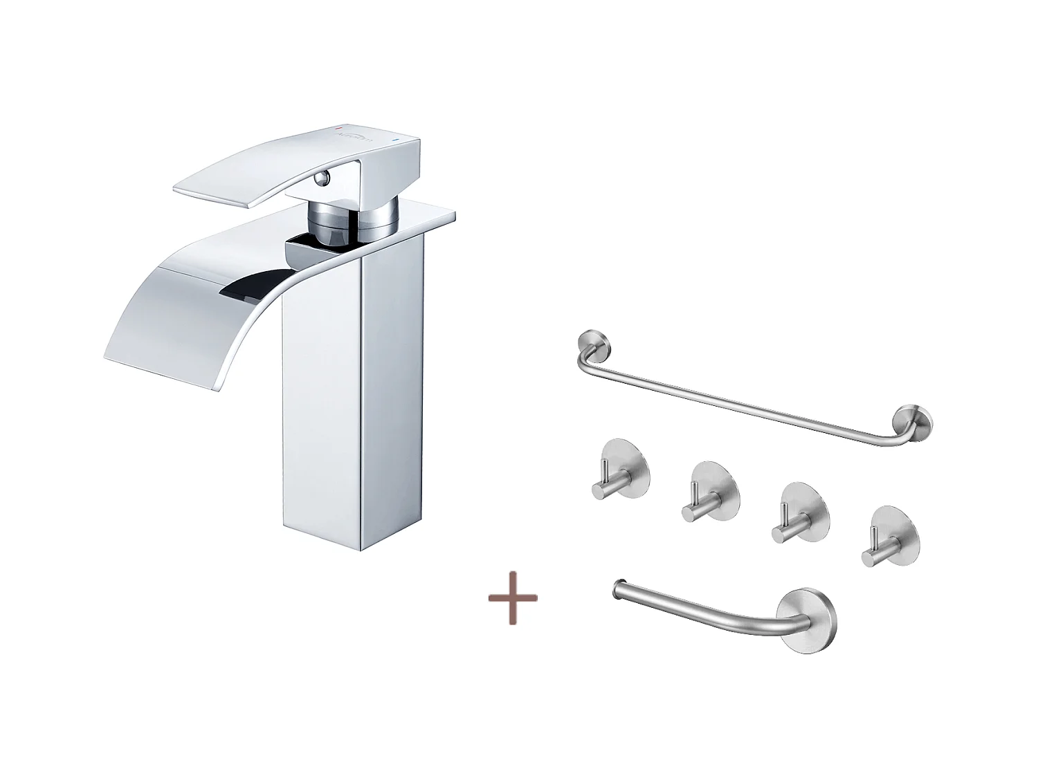 Auralum max Robinet Lavabo Cascade Chromé,avec l'Eau Froide/Chaude,Inox 304+Ensemble Salle Bain Accessoire 6 Pièces,Auto-adhésif/percer,Inox,Brossé