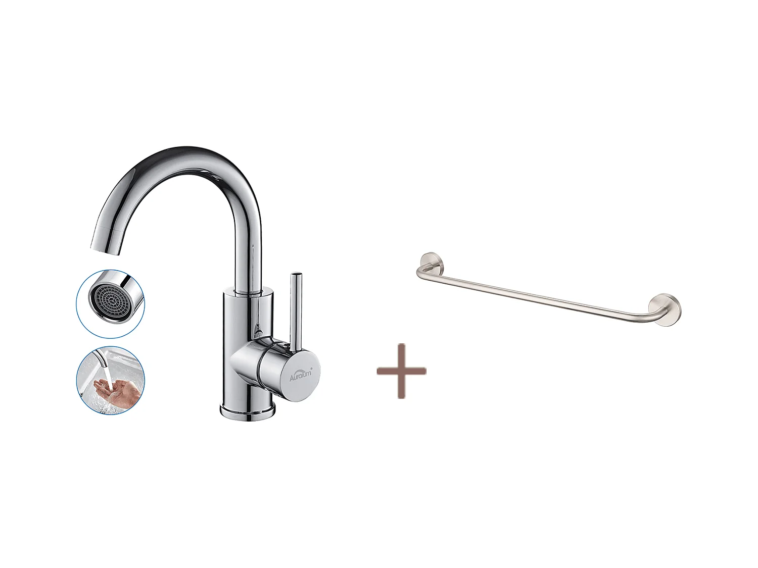 AURALUM MAX Robinet Lavabo Salle Bain Bec Haut Chromé Brillant Rotatif 360°+60cm Porte-Serviettes Salle Bain Auto-adhésif ou Perçage en Inox 304