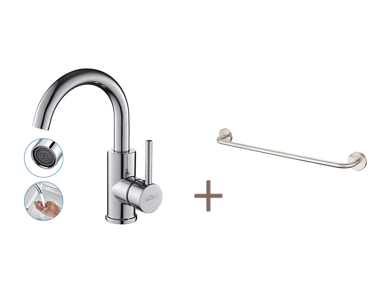 AURALUM MAX Robinet Lavabo Salle Bain Bec Haut Chromé Brillant Rotatif 360°+60cm Porte-Serviettes Salle Bain Auto-adhésif ou Perçage en Inox 304