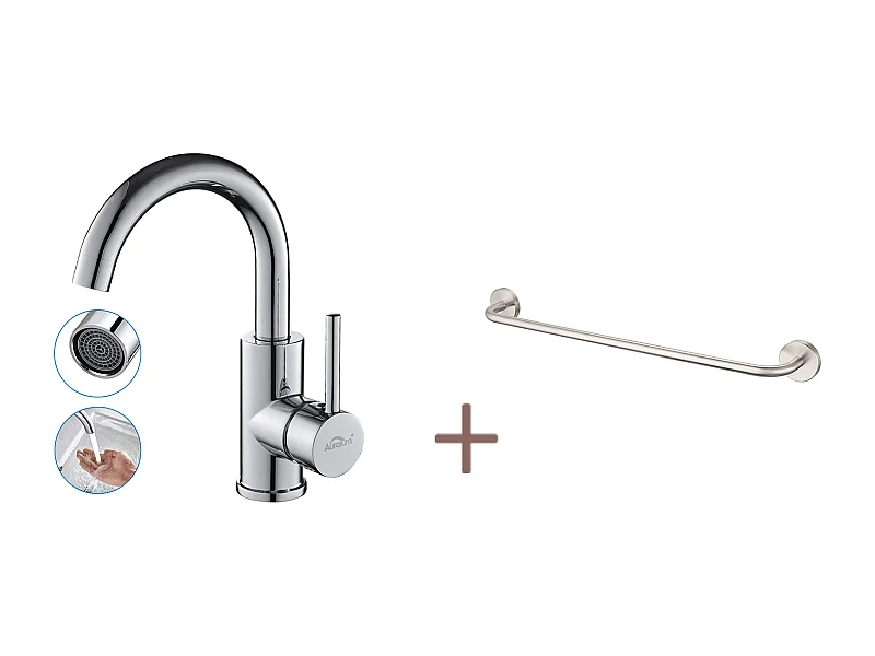 AURALUM MAX Wastafelkraan Badkamer Hoge Uitloop Chroom Glanzend Draaibaar 360°+60cm Handdoekhouder Badkamer Zelfklevend of Boren RVS 304