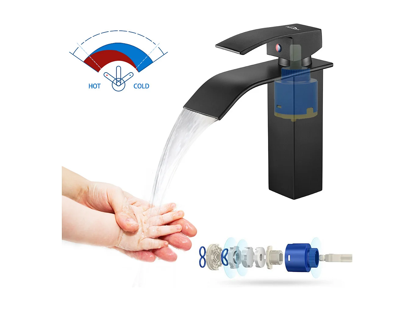 Mitigeur Robinet de Lavabo Cascade Noir Moderne Mitigeur Robinet Salle Bain pour Vasque à Poser Robinetterie Convient pour un Lavabo Encastré