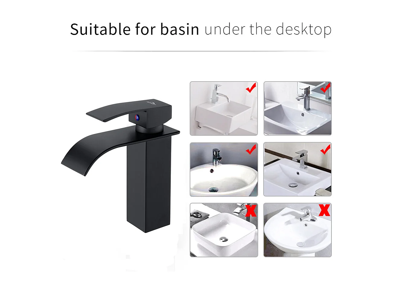 Mitigeur Robinet de Lavabo Cascade Noir Moderne Mitigeur Robinet Salle Bain pour Vasque à Poser Robinetterie Convient pour un Lavabo Encastré