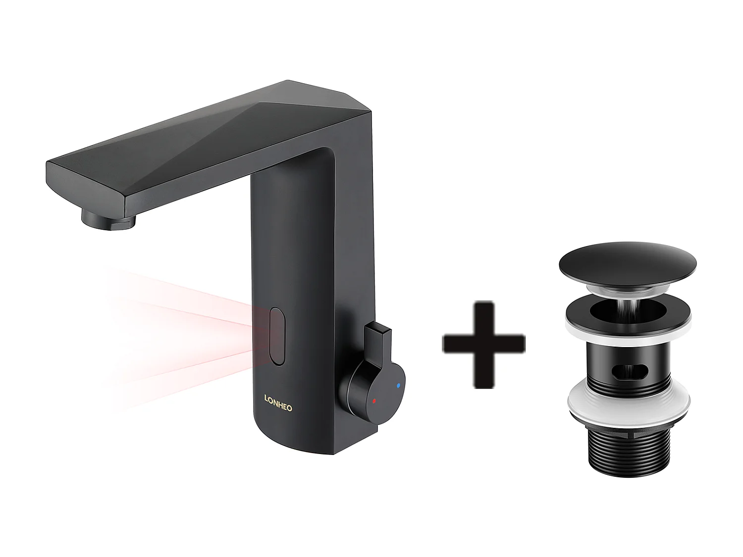 Mezclador Lavabo CaPteur Infrarrojo Inteligente Automático,Negro,Agua Caliente/Fría+Bonde Lavabo Desagüe Pop-up con Desbordamiento Automático