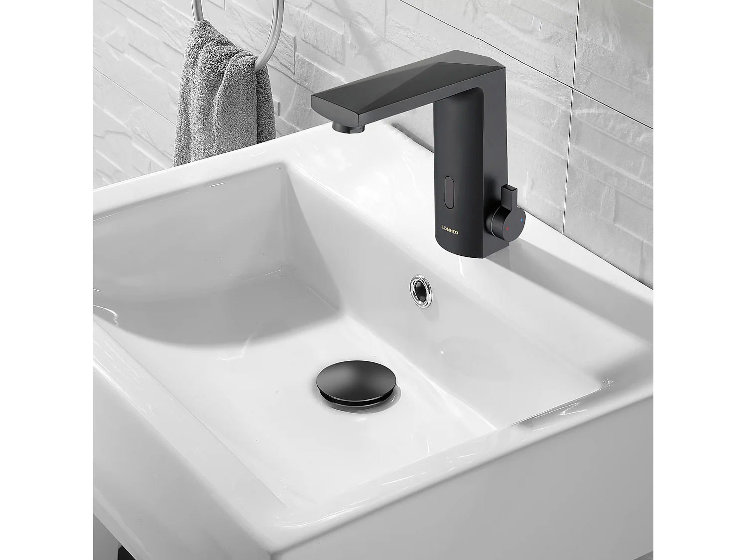 Mezclador Lavabo CaPteur Infrarrojo Inteligente Automático,Negro,Agua Caliente/Fría+Bonde Lavabo Desagüe Pop-up con Desbordamiento Automático