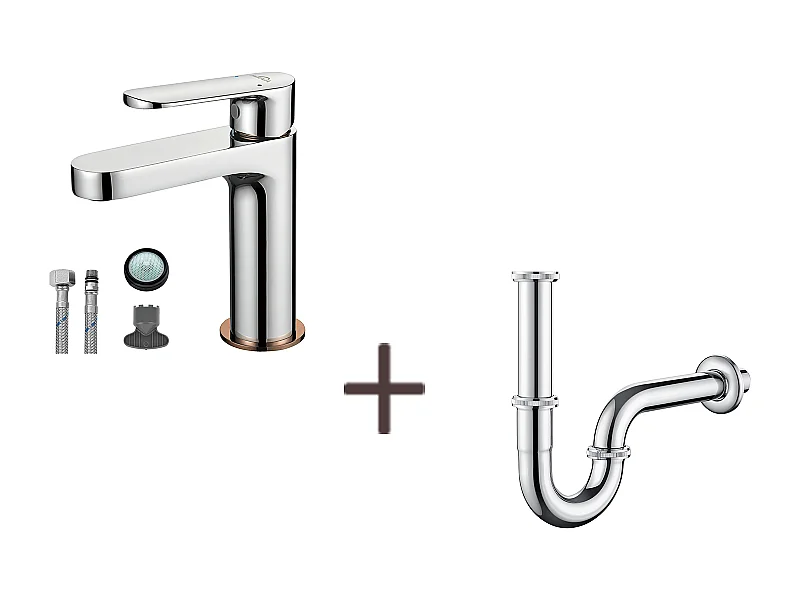 Moderne Badarmatur, Waschtischmischer, Roségold-Finish, Chrom + U-förmiger Waschtischsiphon, Geruchsneutralisierender Siphon, Rohrsiphon Ø32 mm, Chrom