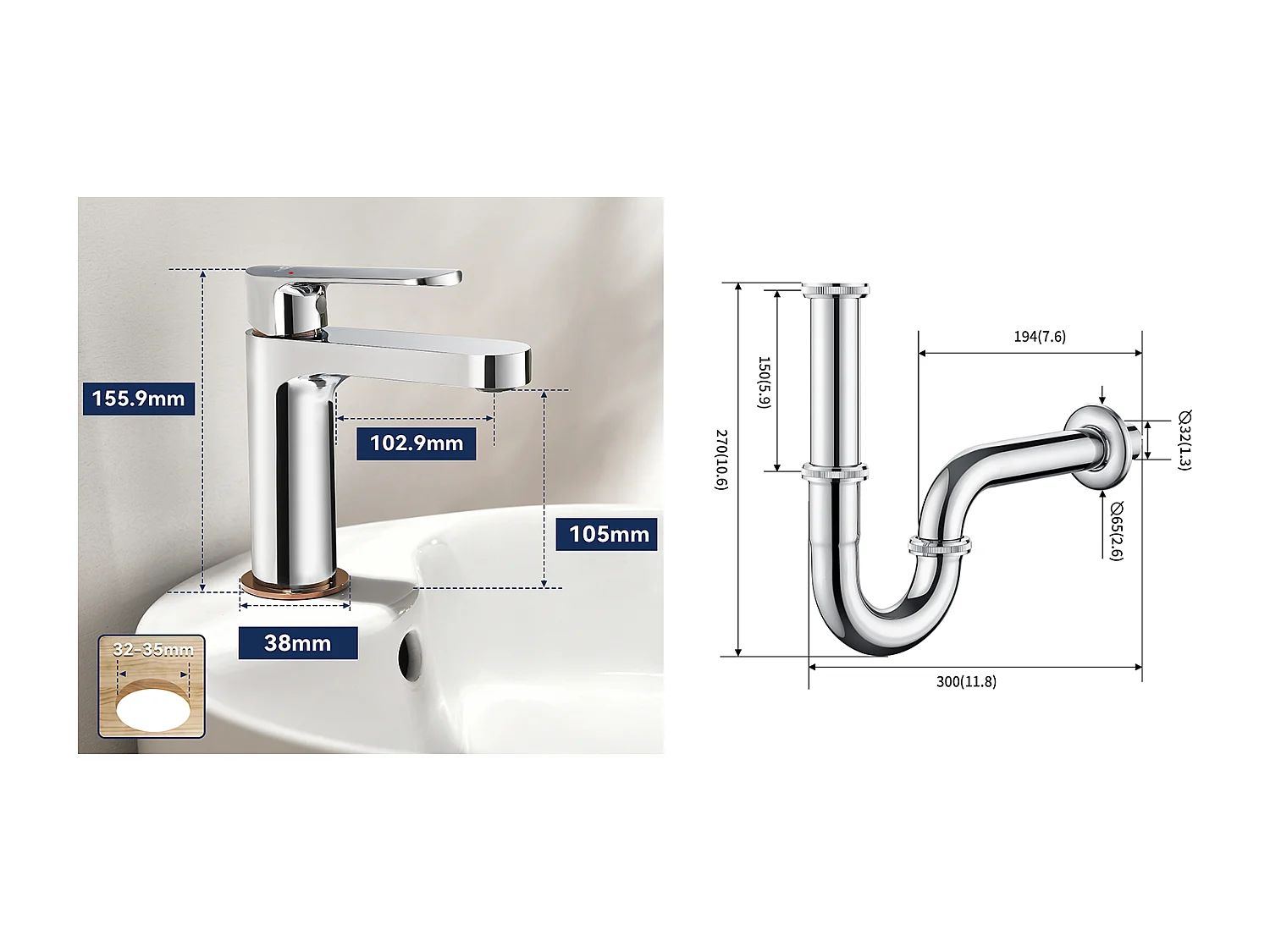 Grifo Baño Moderno, Mezclador Lavabo,Acabado Oro Rosa, Cromado+Sifón de Lavabo Forma U Tubo de Sifón Antiolor Sifón Ø32 mm, Cromado