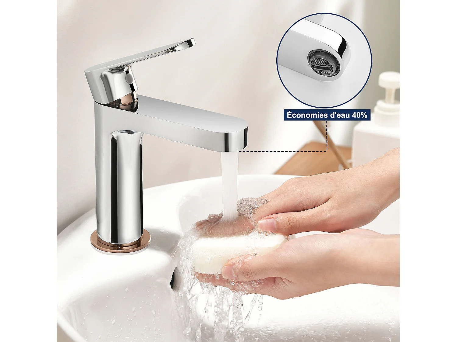 Grifo Baño Moderno, Mezclador Lavabo,Acabado Oro Rosa, Cromado+Sifón de Lavabo Forma U Tubo de Sifón Antiolor Sifón Ø32 mm, Cromado