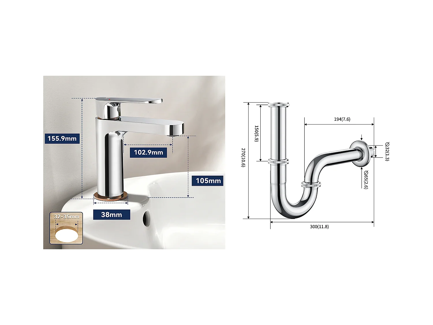 Robinet Salle Bain Moderne, Mitigeur Lavabo,Finition or Rose,Chromé+Siphon de Lavabo Forme U Tube de Siphon Anti-odeurs Siphon Ø32 mm,Chromé
