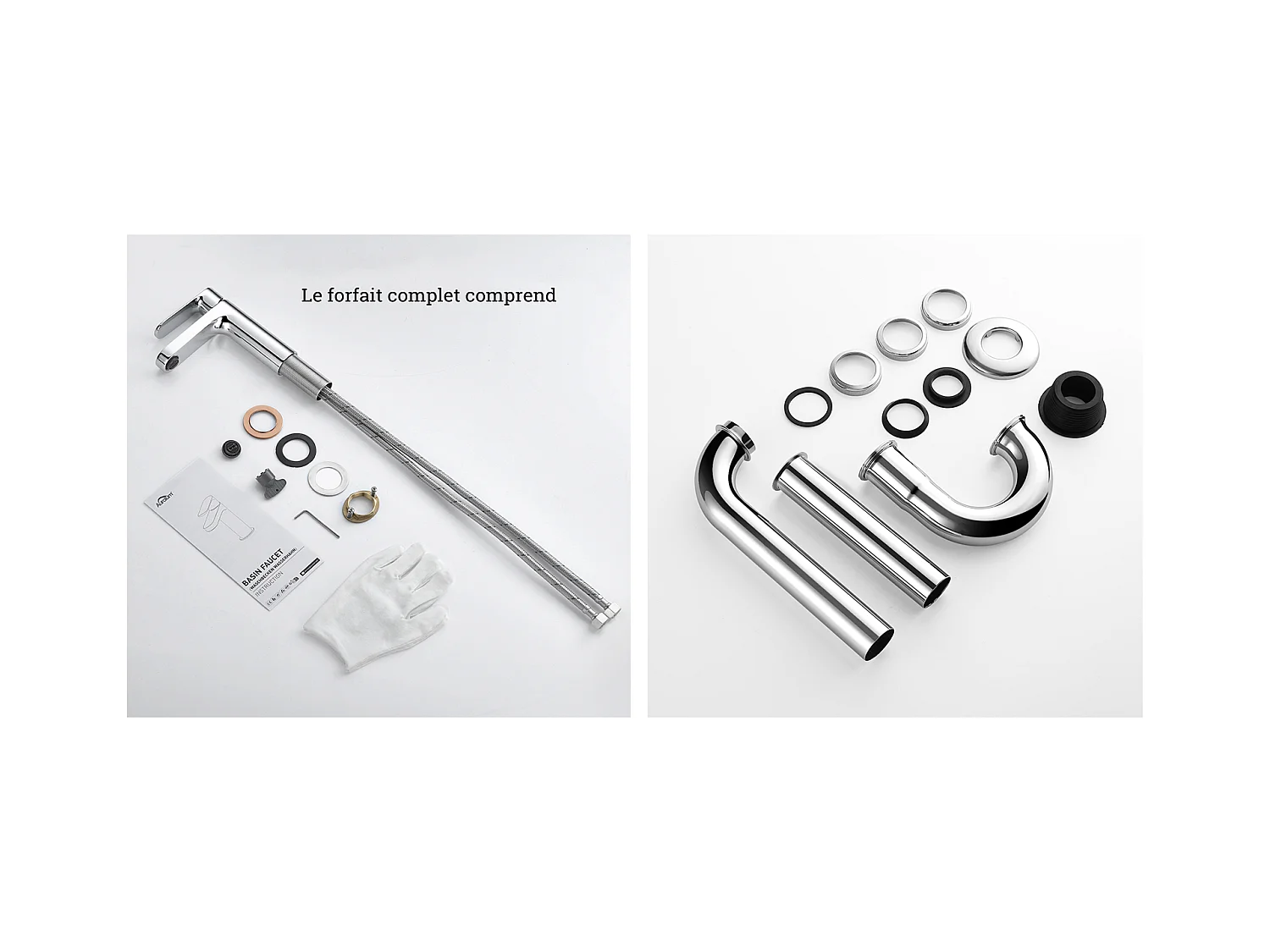 Robinet Salle Bain Moderne, Mitigeur Lavabo,Finition or Rose,Chromé+Siphon de Lavabo Forme U Tube de Siphon Anti-odeurs Siphon Ø32 mm,Chromé
