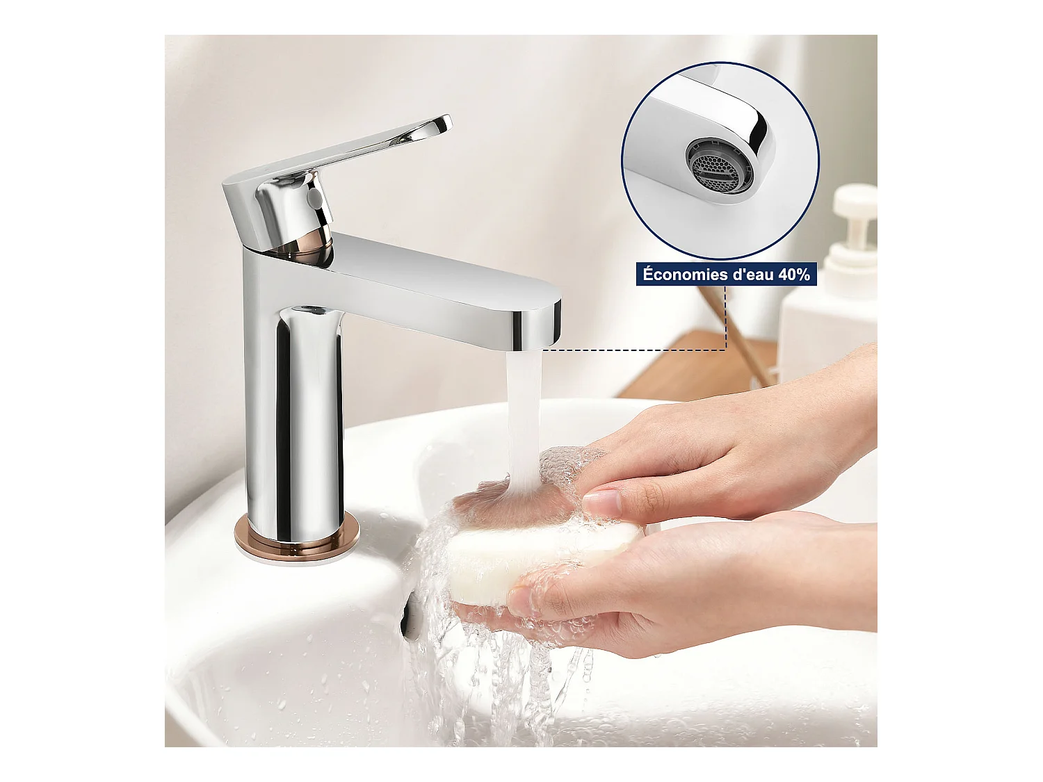 Robinet Salle Bain Moderne, Mitigeur Lavabo,Finition or Rose,Chromé+Siphon de Lavabo Forme U Tube de Siphon Anti-odeurs Siphon Ø32 mm,Chromé