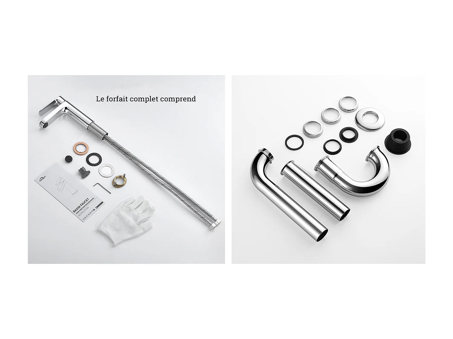 Robinet Salle Bain Moderne, Mitigeur Lavabo,Finition or Rose,Chromé+Siphon de Lavabo Forme U Tube de Siphon Anti-odeurs Siphon Ø32 mm,Chromé