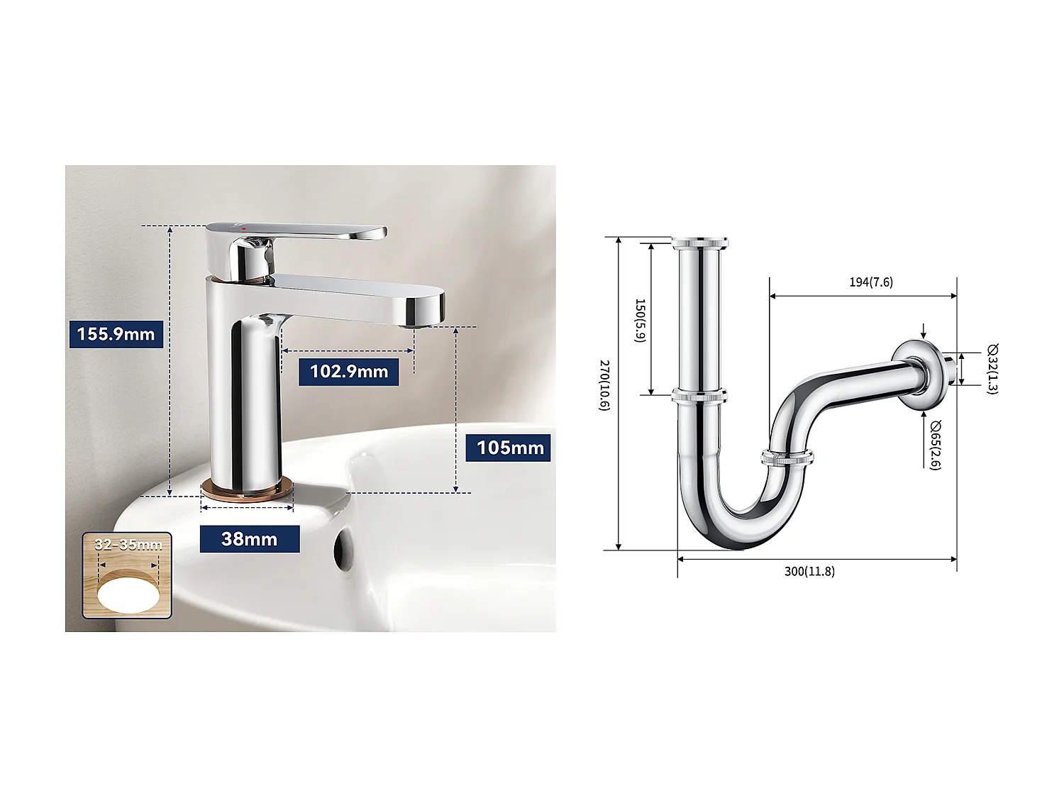 Robinet Salle Bain Moderne, Mitigeur Lavabo,Finition or Rose,Chromé+Siphon de Lavabo Forme U Tube de Siphon Anti-odeurs Siphon Ø32 mm,Chromé