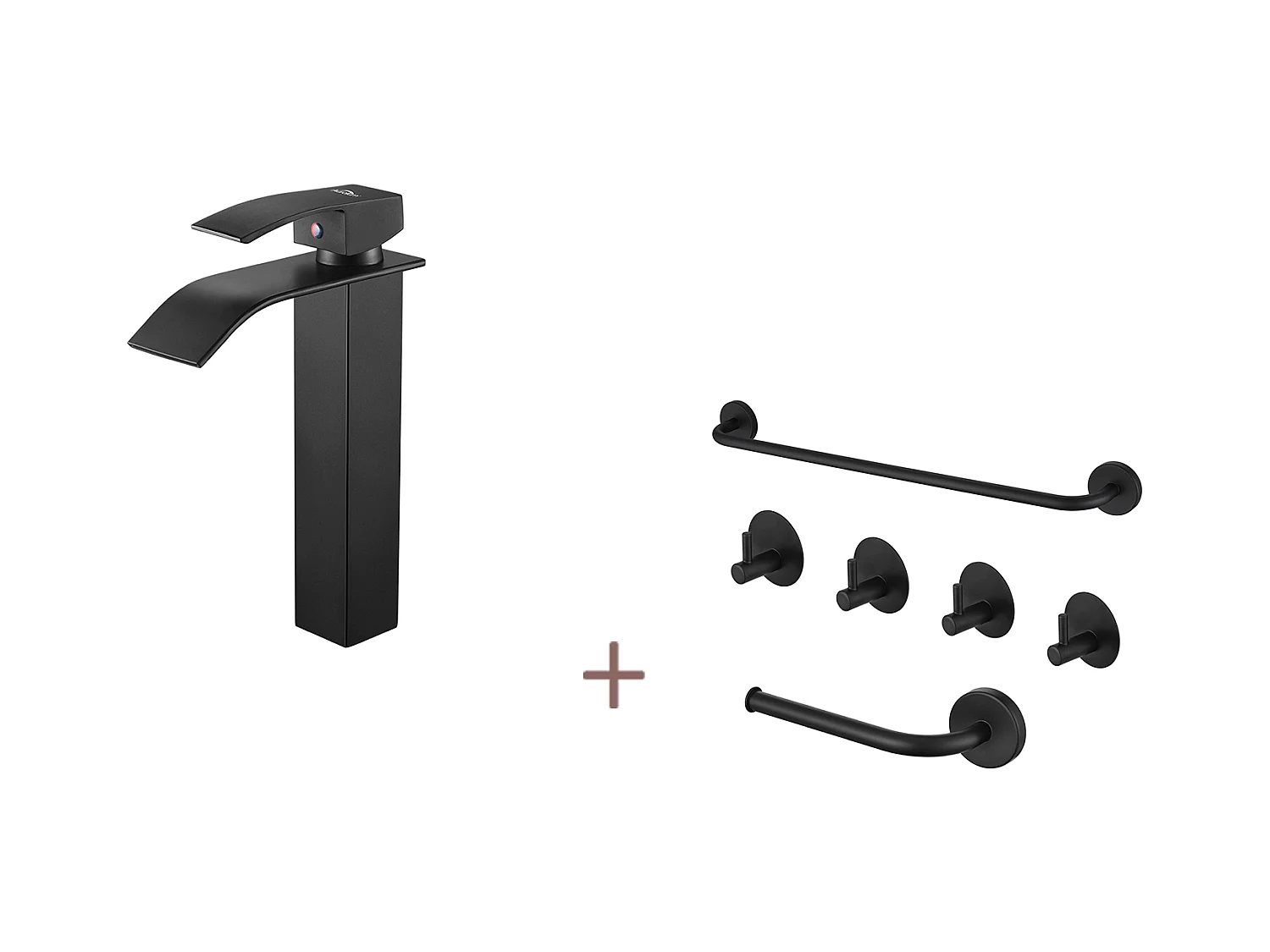 Auralum max Wastafelmengkraan Waterval Zwart+Set Badkamer Accessoire 6 Stuks,Zelfklevend/boren,Rox,Zwart