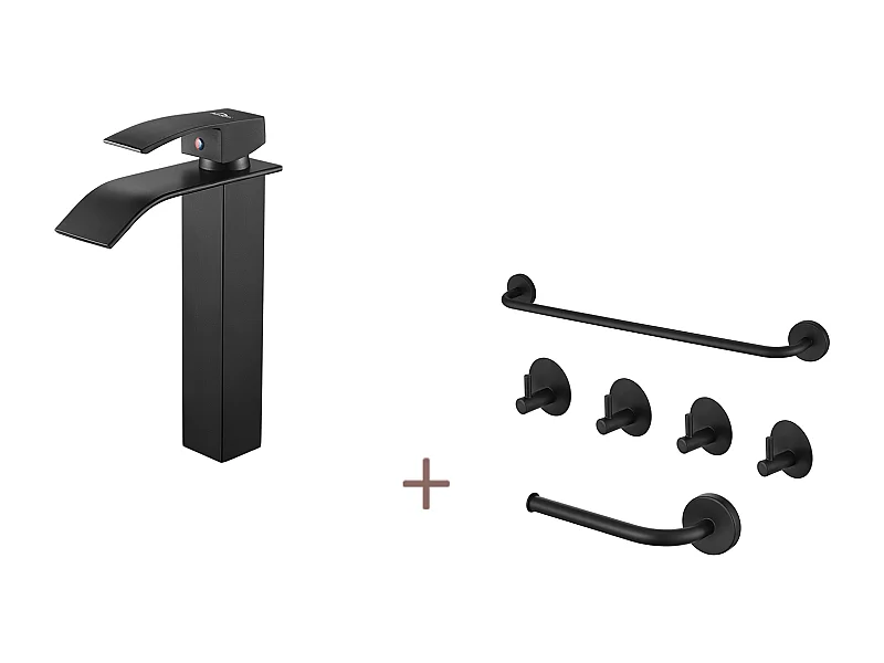 Auralum max Mitigeur Robinet Lavabo Cascade Noir+Ensemble Salle Bain Accessoire 6 Pièces,Auto-adhésif/percer,Inox,Noir