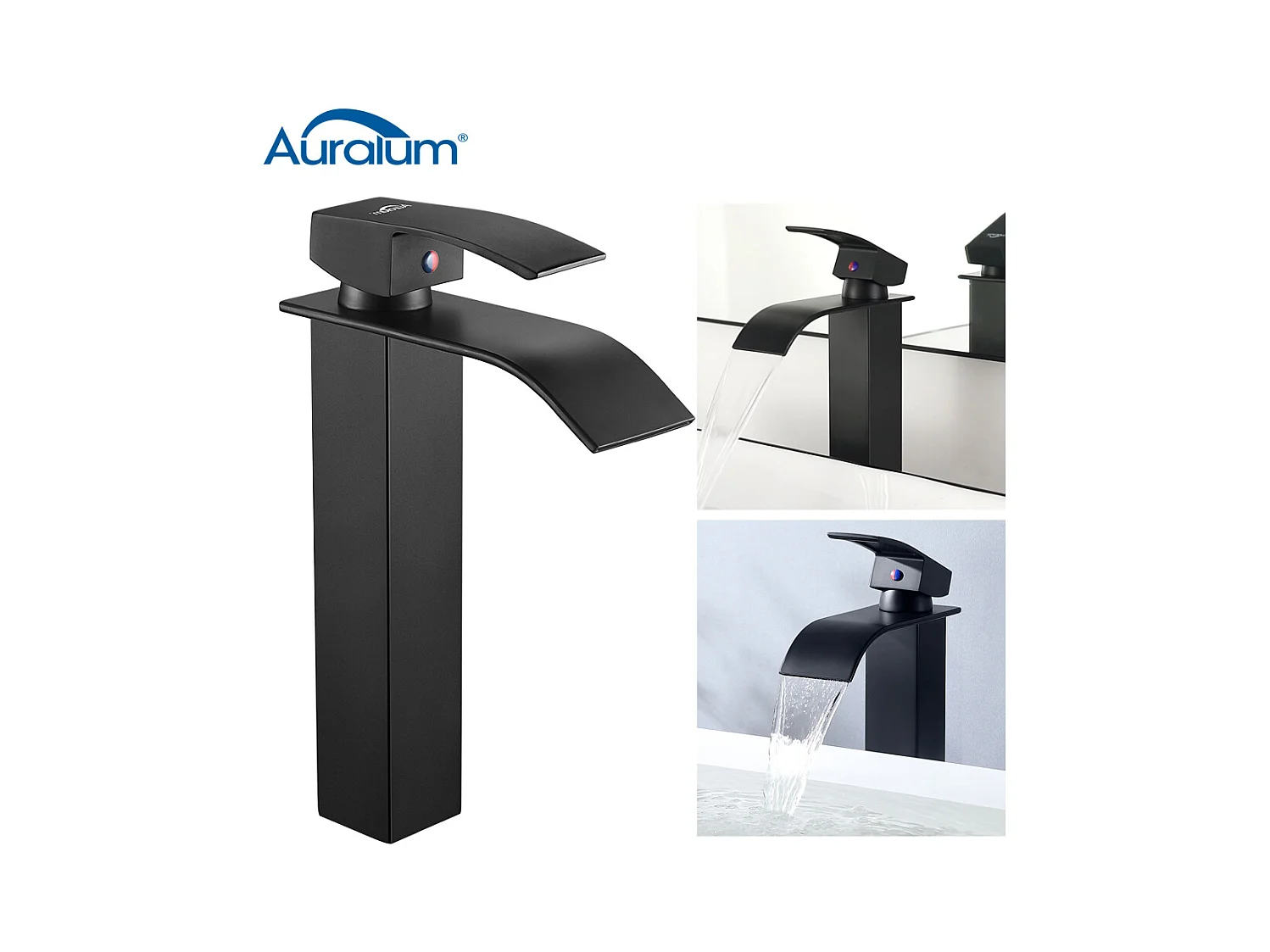 Mitigeur Lavabo Cascade Noir Moderne pour Vasque à Poser Robinet pour Lavabo et Vasque Salle de Bain Robinetterie Mitigeur Eau et Froide,EU Modèle