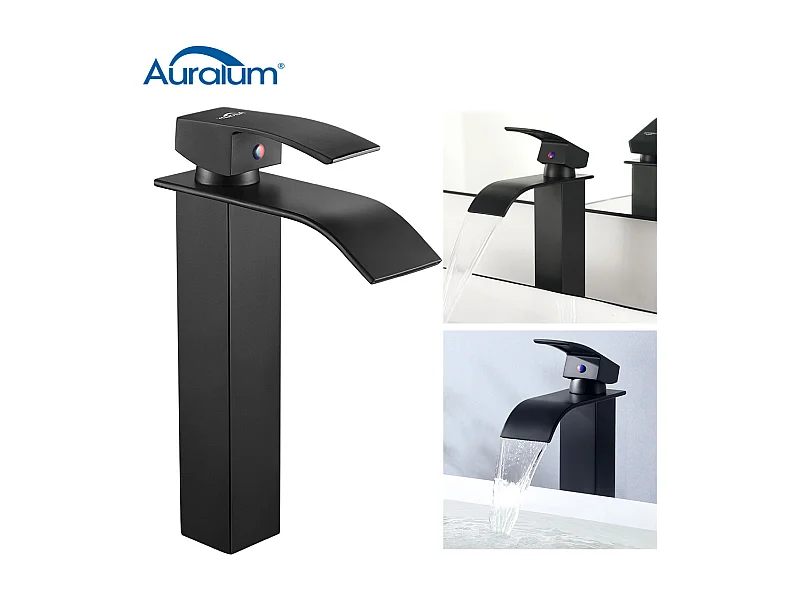 Mitigeur Lavabo Cascade Noir Moderne pour Vasque à Poser Robinet pour Lavabo et Vasque Salle de Bain Robinetterie Mitigeur Eau et Froide,EU Modèle