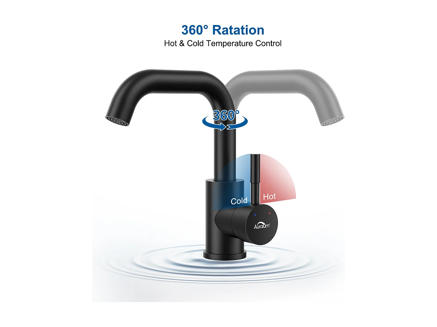 AuraLum Max Grifo Lavabo Negro Girante 360°, Mezclador Lavabo Altura Total 250 mm, Grifos Baño con Aireador Desmontable,Modelo UE