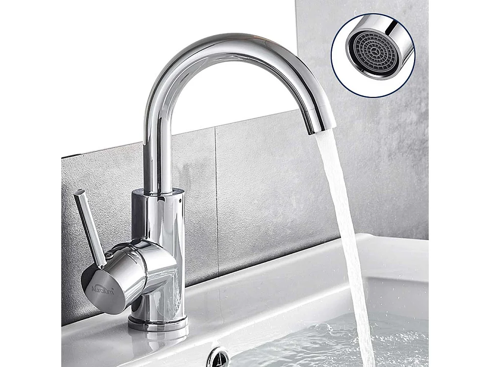 Auralummax Bad-Waschtischarmatur, hoher Auslauf, Chrom glänzend, 360° drehbar + 6-teiliges Bad-Zubehör-Set, selbstklebend/bohrbar, Edelstahl, gebürstet