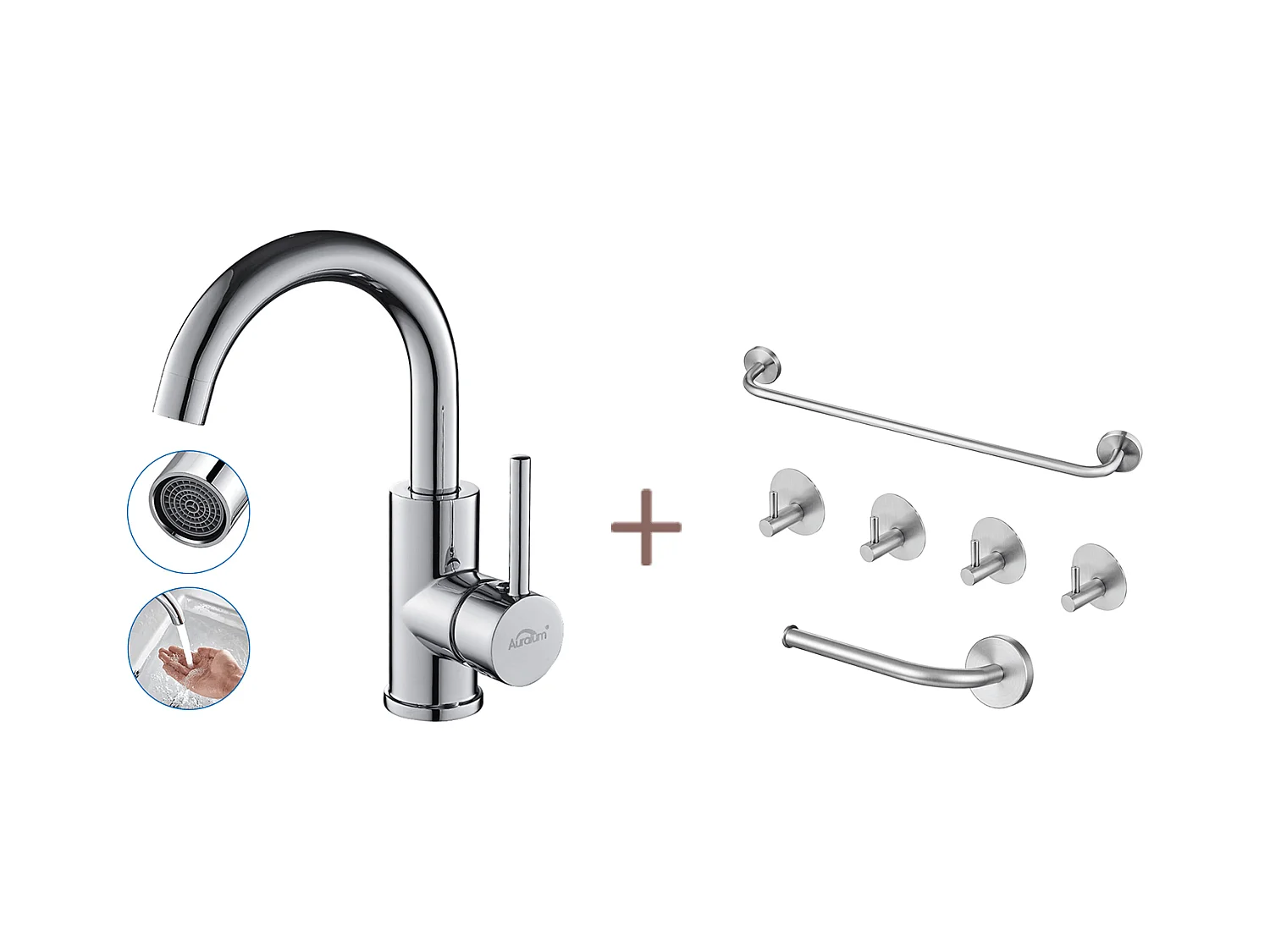 Auralummax Wastafelkraan Badkamer Hoge Uitloop Hoog Verchroomd Glanzend 360° Draaibaar+Badkamerset Accessoire 6 Stuks,Zelfklevend/boren,Rvs,Geborsteld