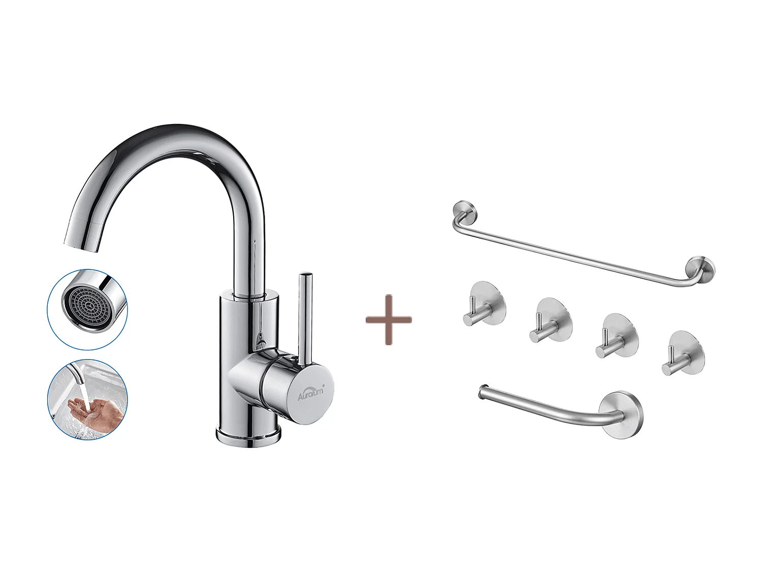 Auralummax Robinet Lavabo Salle Bain Bec Haut Chromé Brillant Rotatif 360°+Ensemble Salle Bain Accessoire 6 Pièces,Auto-adhésif/percer,Inox,Brossé