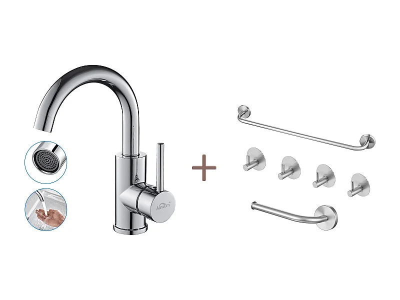 Auralummax Robinet Lavabo Salle Bain Bec Haut Chromé Brillant Rotatif 360°+Ensemble Salle Bain Accessoire 6 Pièces,Auto-adhésif/percer,Inox,Brossé