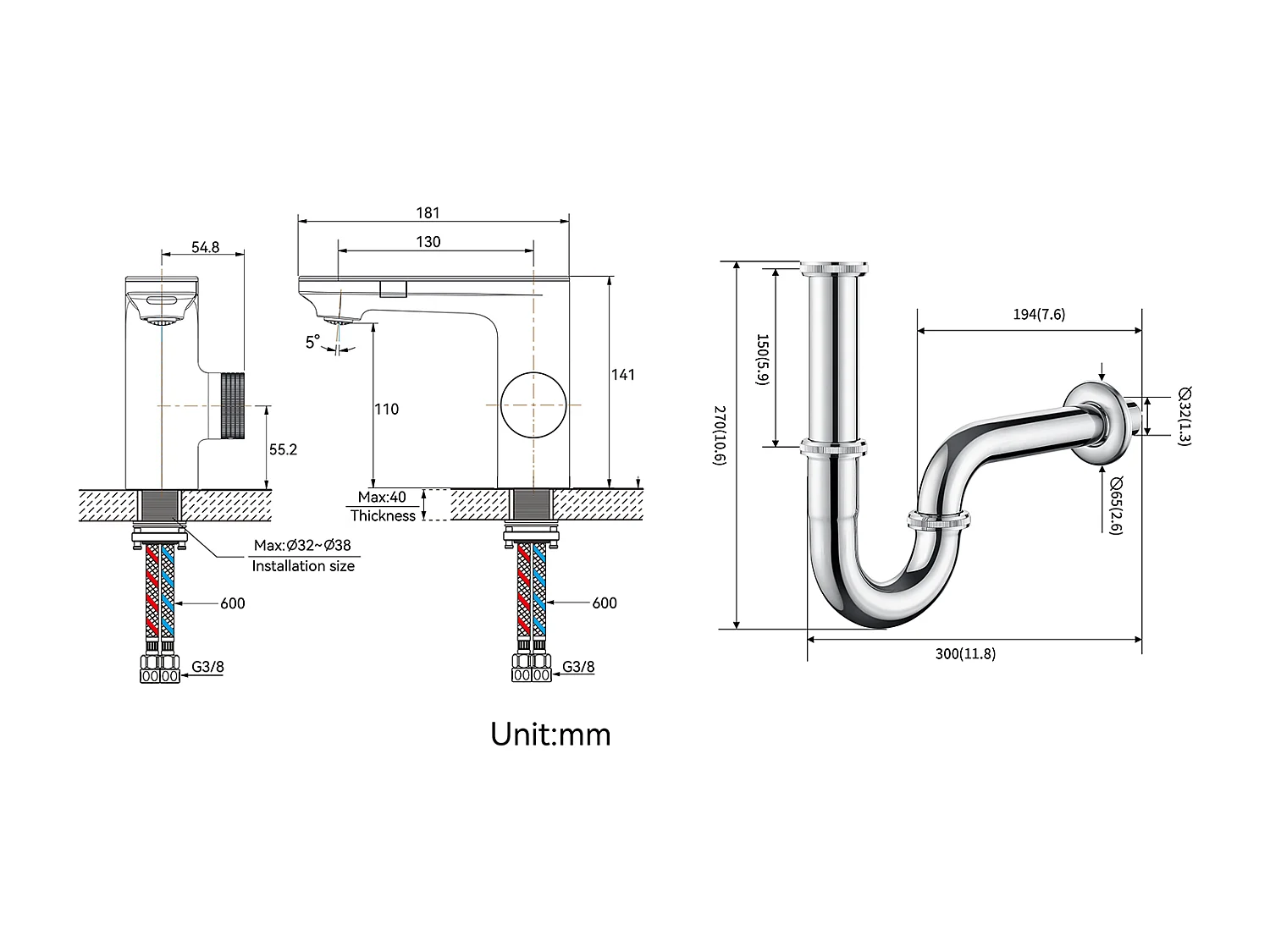 Robinet Automatique Infrarouge,Barboteur démotable,à Double Induction,Chromé+ Siphon de Lavabo Forme U Tube de Siphon en Acier Inoxydable,Chromé