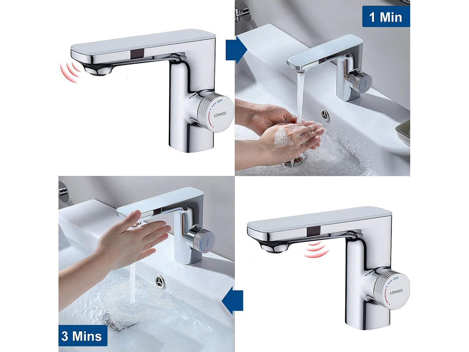 Robinet Automatique Infrarouge,Barboteur démotable,à Double Induction,Chromé+ Siphon de Lavabo Forme U Tube de Siphon en Acier Inoxydable,Chromé