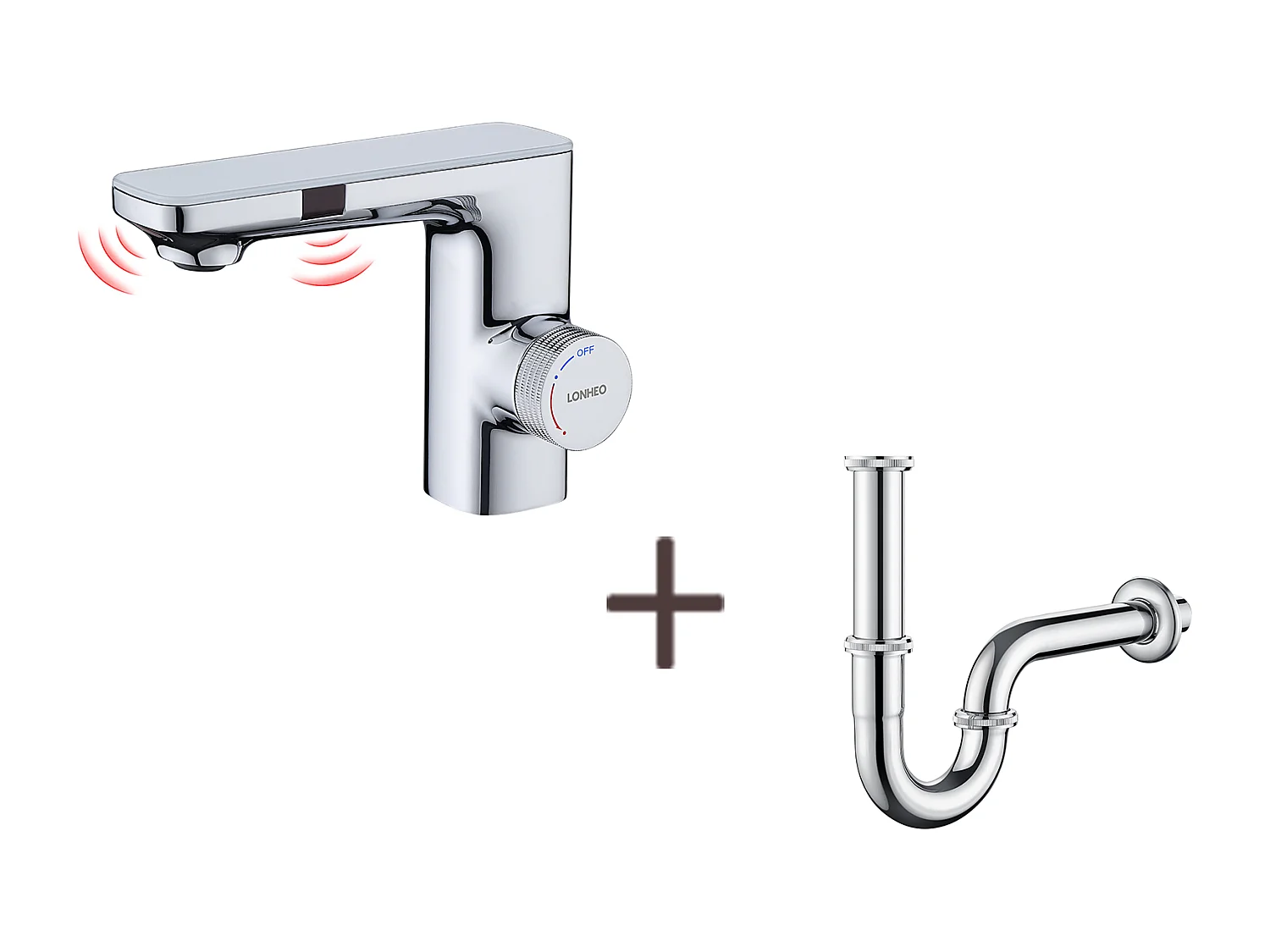 Robinet Automatique Infrarouge,Barboteur démotable,à Double Induction,Chromé+ Siphon de Lavabo Forme U Tube de Siphon en Acier Inoxydable,Chromé